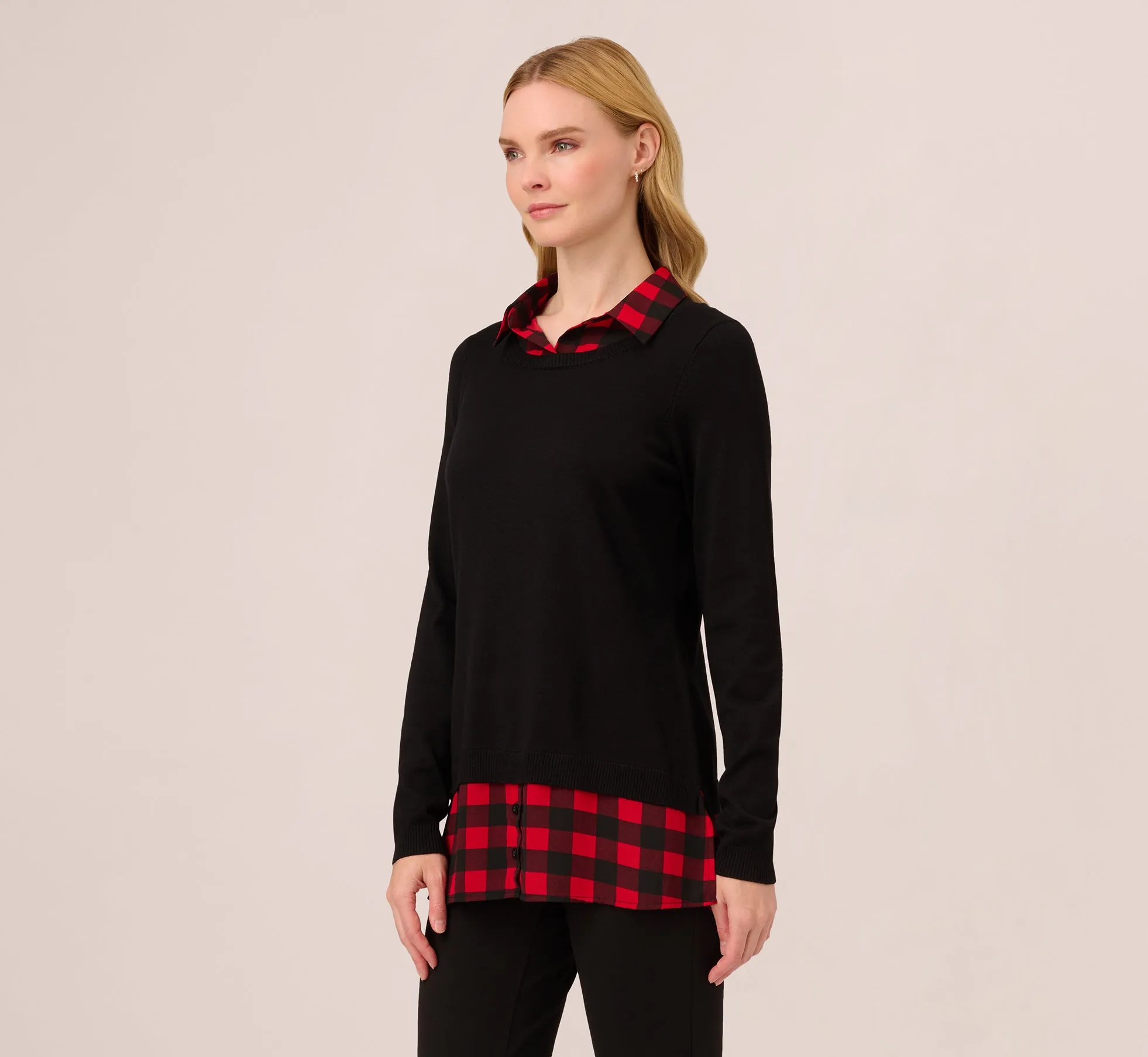 Long Sleeve Layered Sweater Top In Black W Red Buffalo Plaid sold by Adrianna Papell product image thumbnail 2