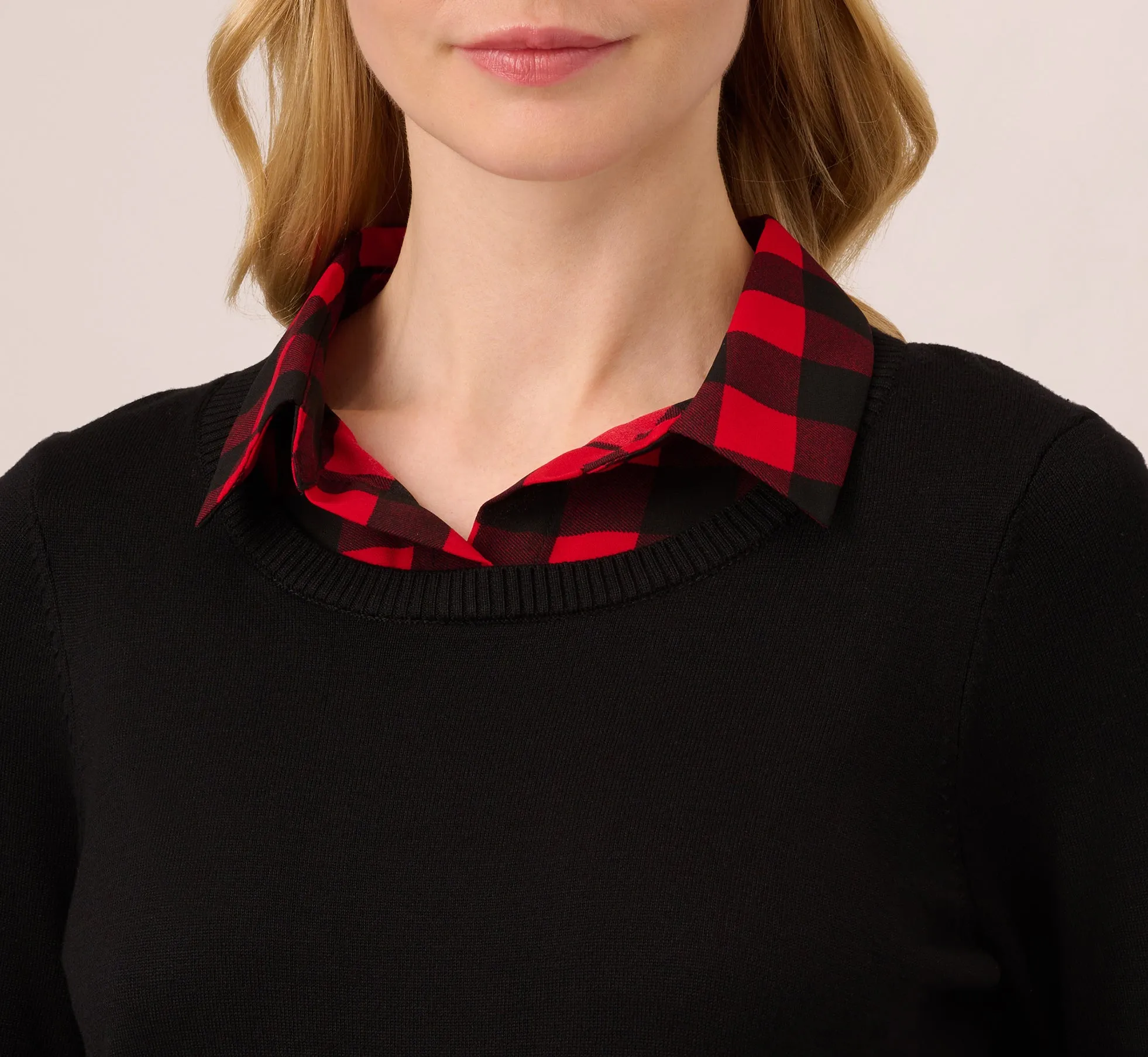 Long Sleeve Layered Sweater Top In Black W Red Buffalo Plaid sold by Adrianna Papell product image thumbnail 3