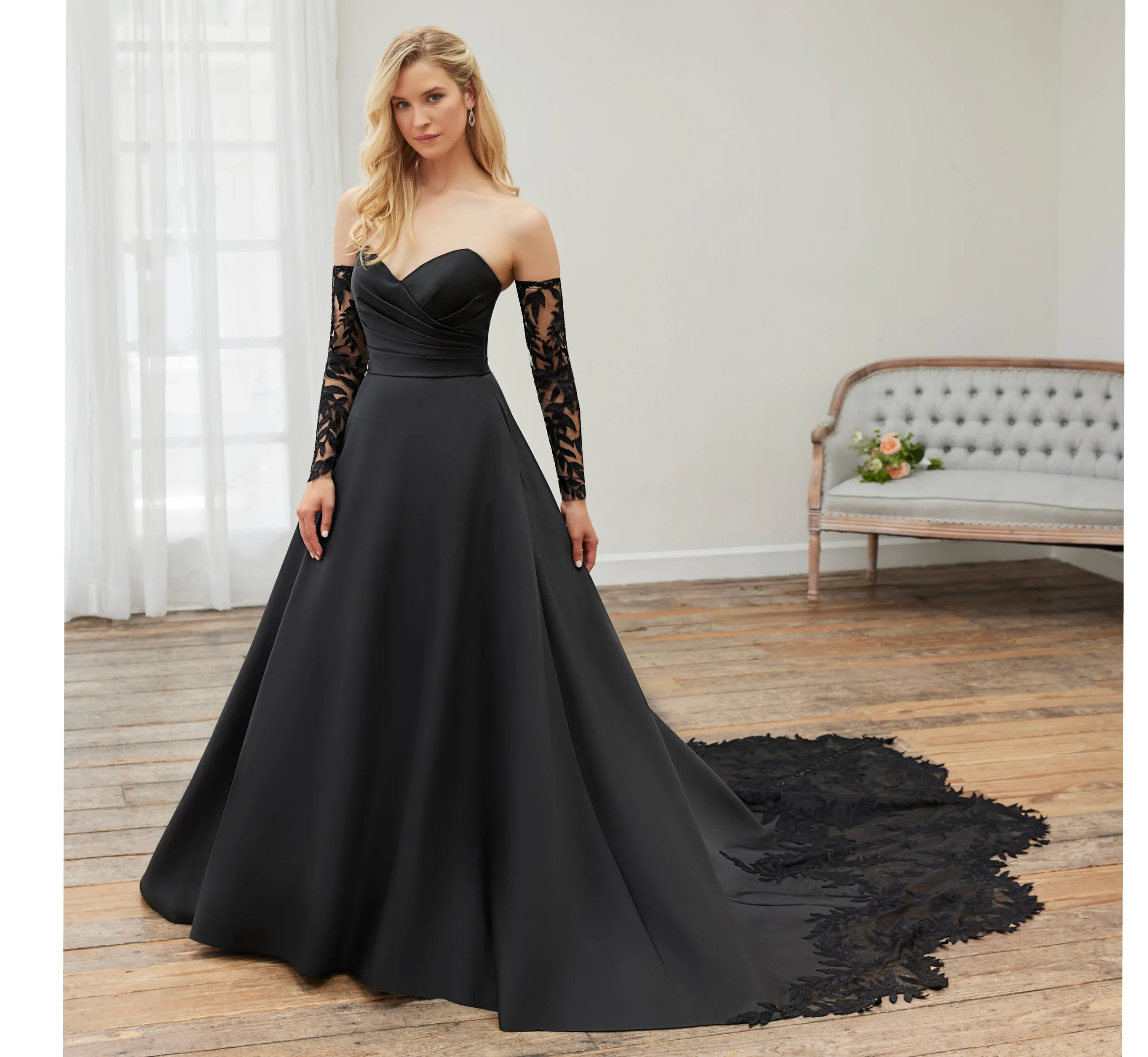 Lace And Mikado Strapless Gown With Cathedral Train And Detachable Gloves In Black sold by Adrianna Papell