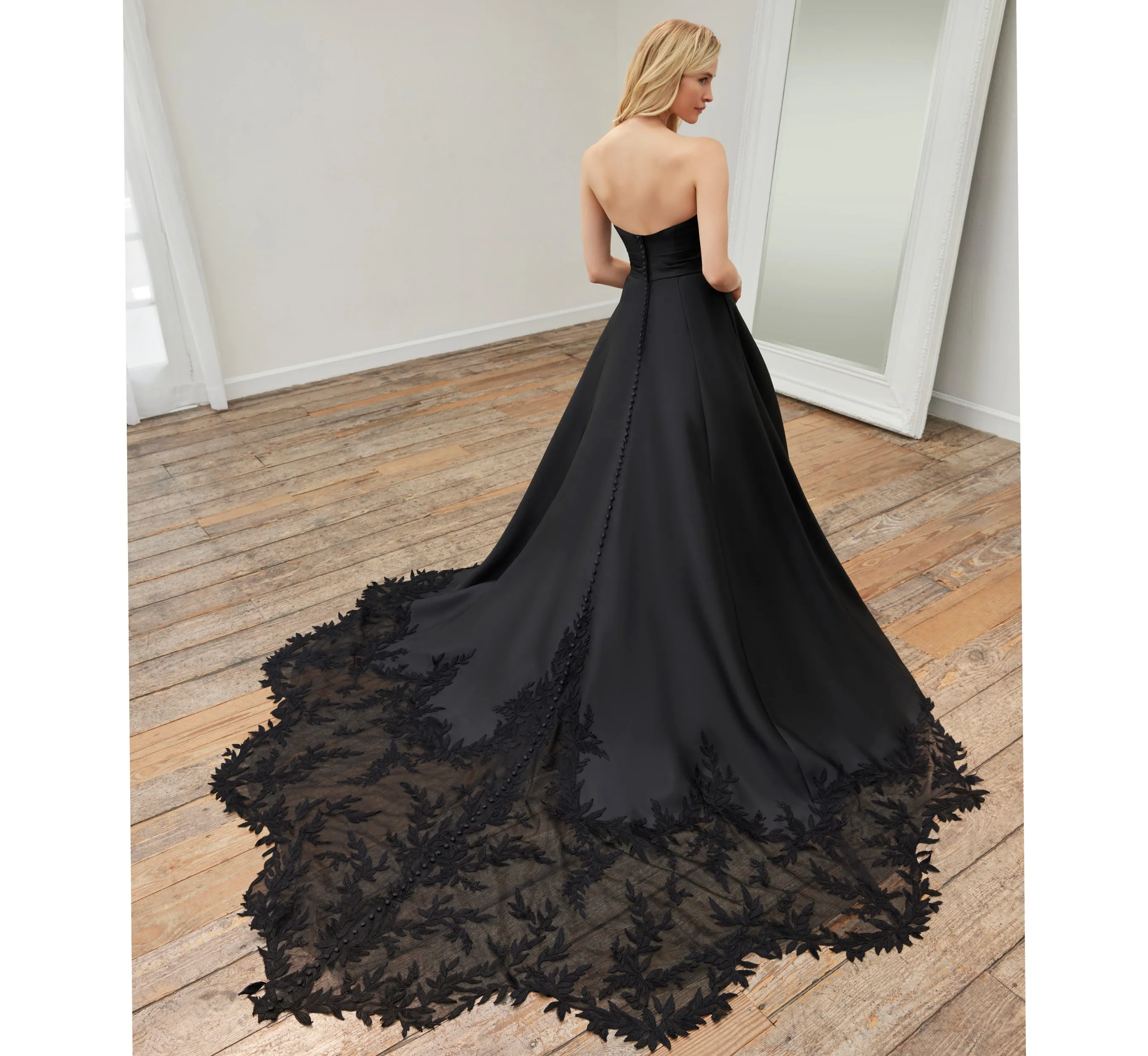 Lace And Mikado Strapless Gown With Cathedral Train And Detachable Gloves In Black sold by Adrianna Papell product image thumbnail 2