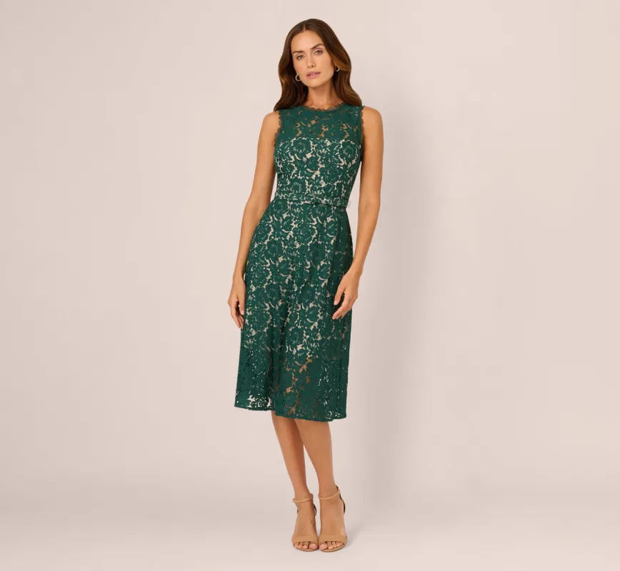 Sleeveless Lace Fit And Flare Dress With Sheer Details In Hunter sold by Adrianna Papell