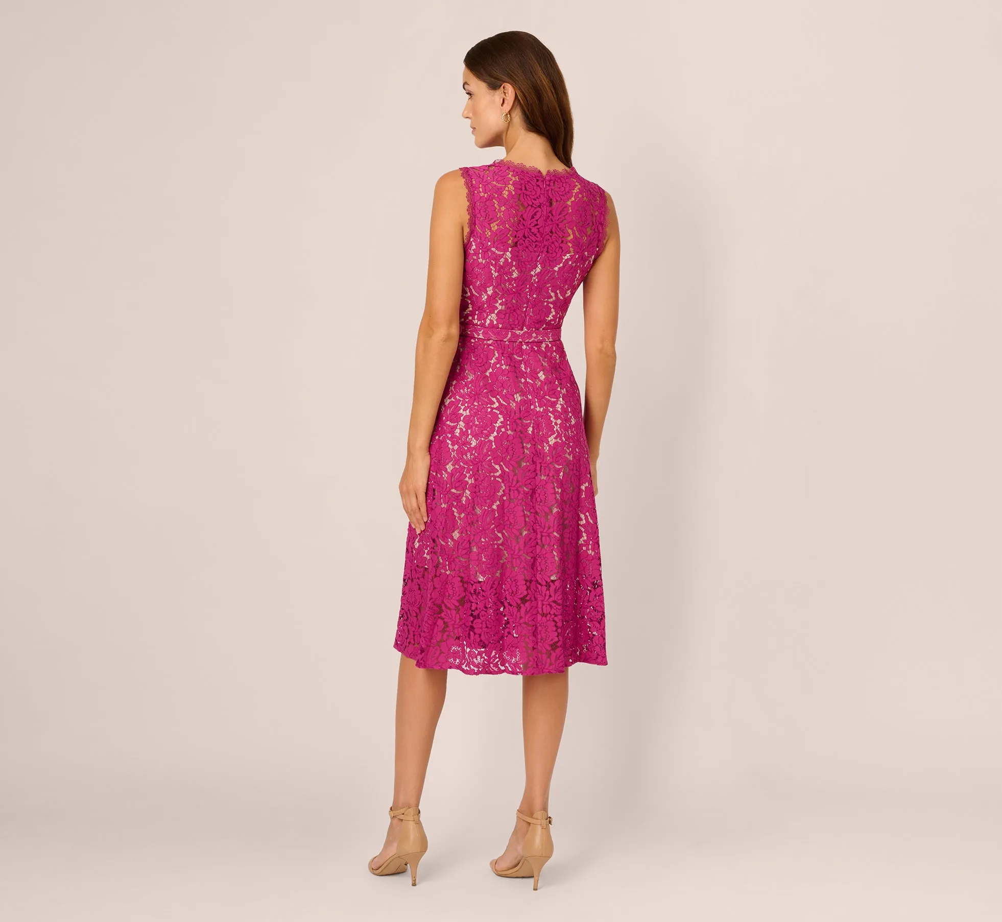 Sleeveless Lace Fit And Flare Dress With Sheer Details In Orchid sold by Adrianna Papell product image thumbnail 4