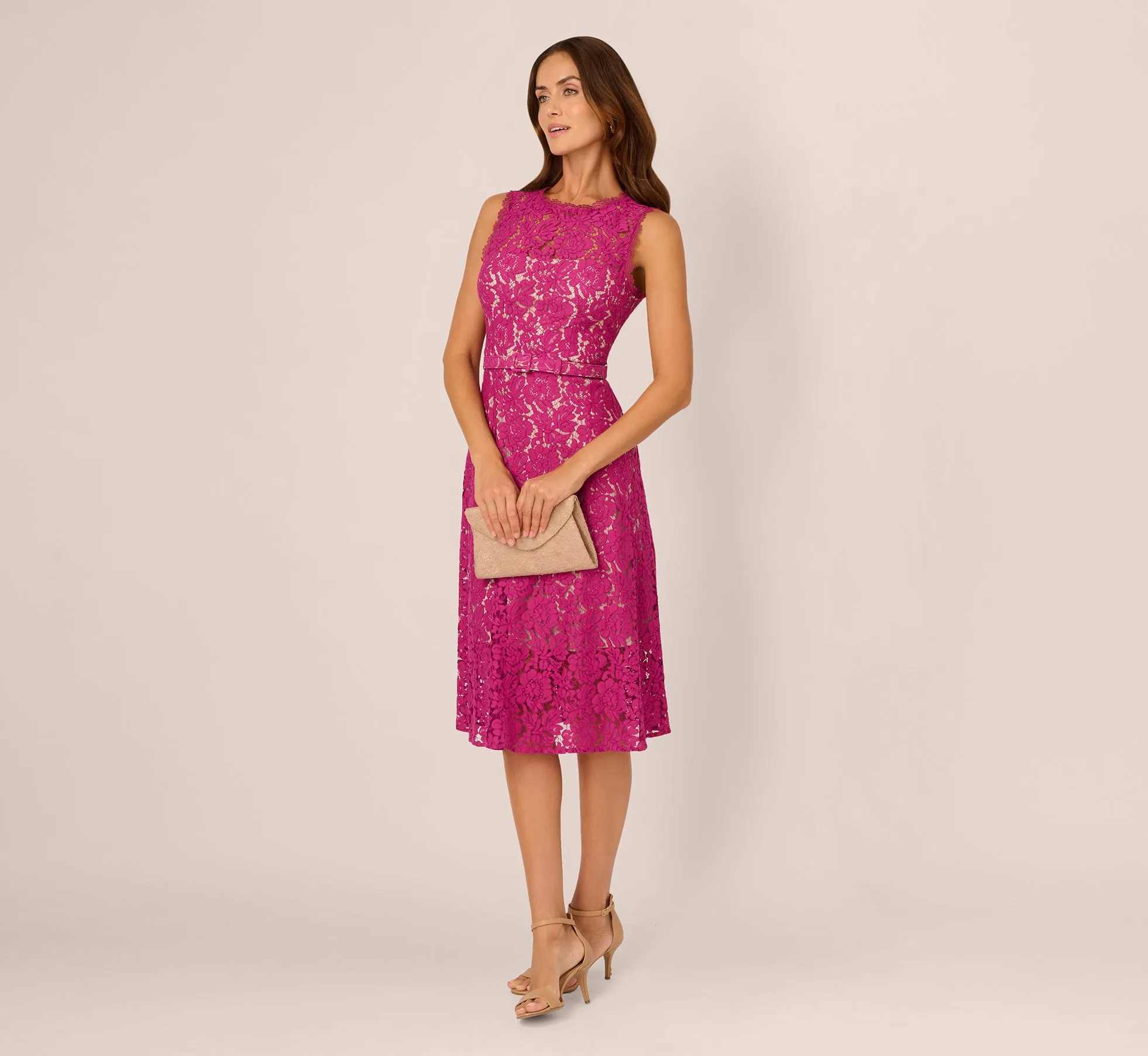 Sleeveless Lace Fit And Flare Dress With Sheer Details In Orchid sold by Adrianna Papell product image thumbnail 2