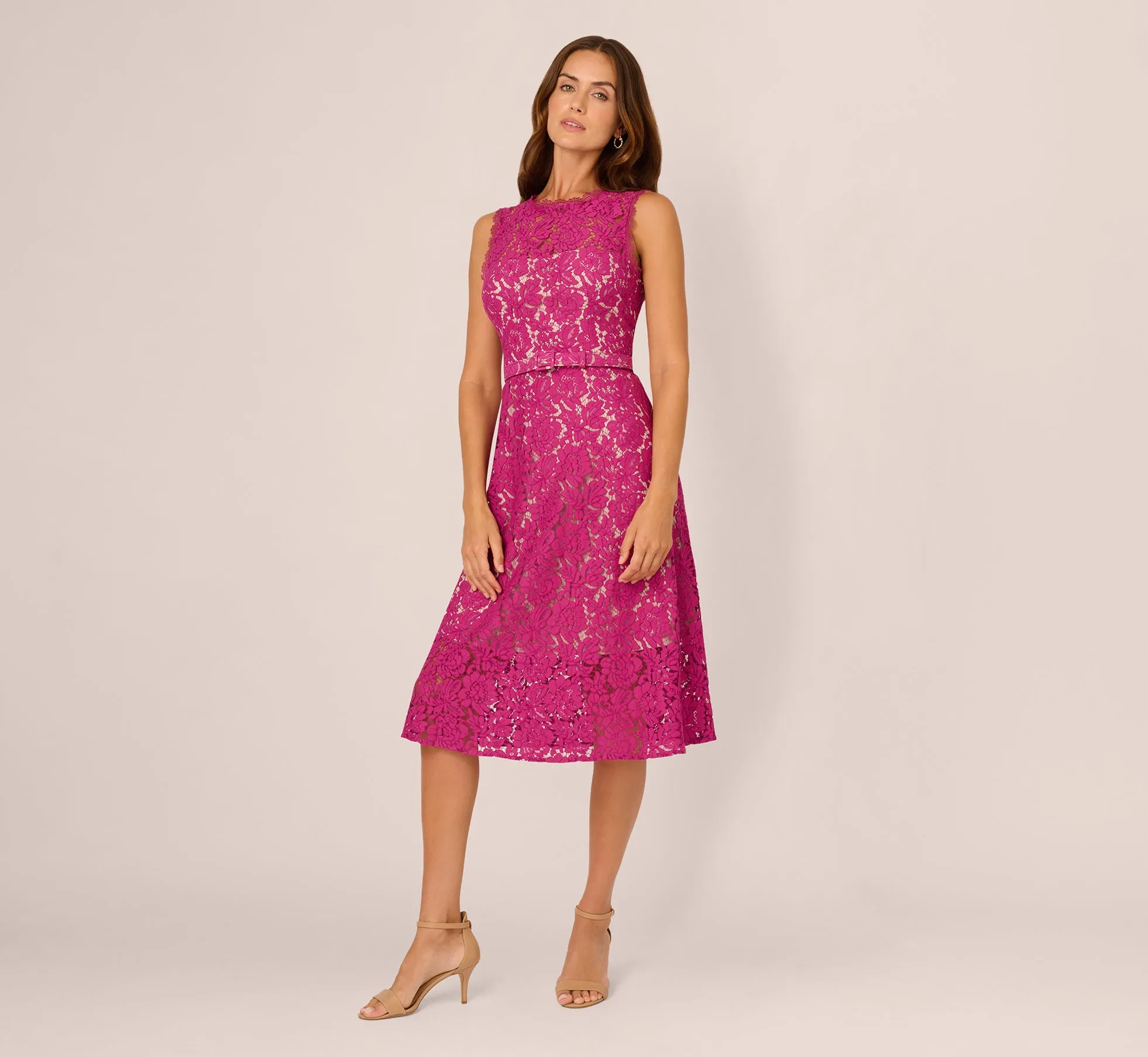 Sleeveless Lace Fit And Flare Dress With Sheer Details In Orchid sold by Adrianna Papell