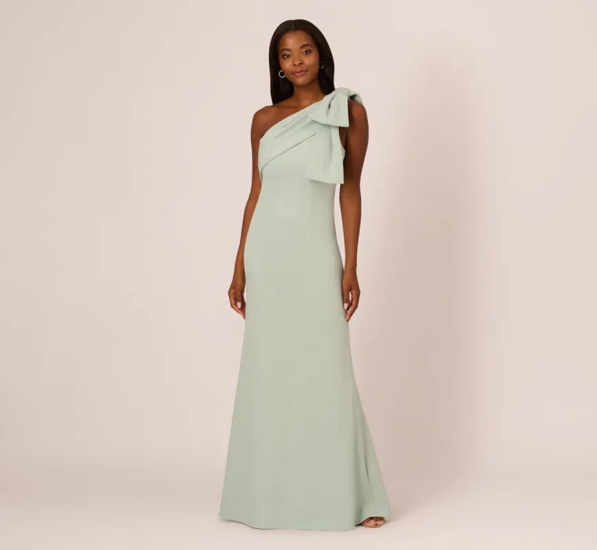 Stretch Crepe One Shoulder Mermaid Gown With Bow Accent In Icy Sage sold by Adrianna Papell