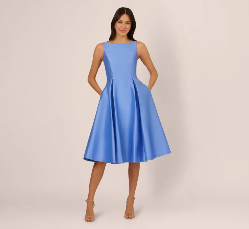 Sleeveless Mikado Fit And Flare Midi Dress With V-Back In Electric Ice sold by Adrianna Papell