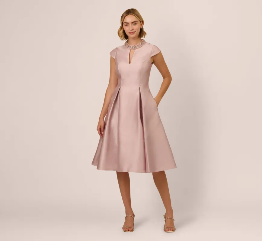 Key Hole Mikado Cap Sleeve Midi Dress In Bellini sold by Adrianna Papell