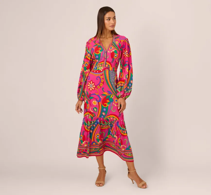 Long Sleeve Retro Printed Midi Dress In Pink Multi sold by Adrianna Papell
