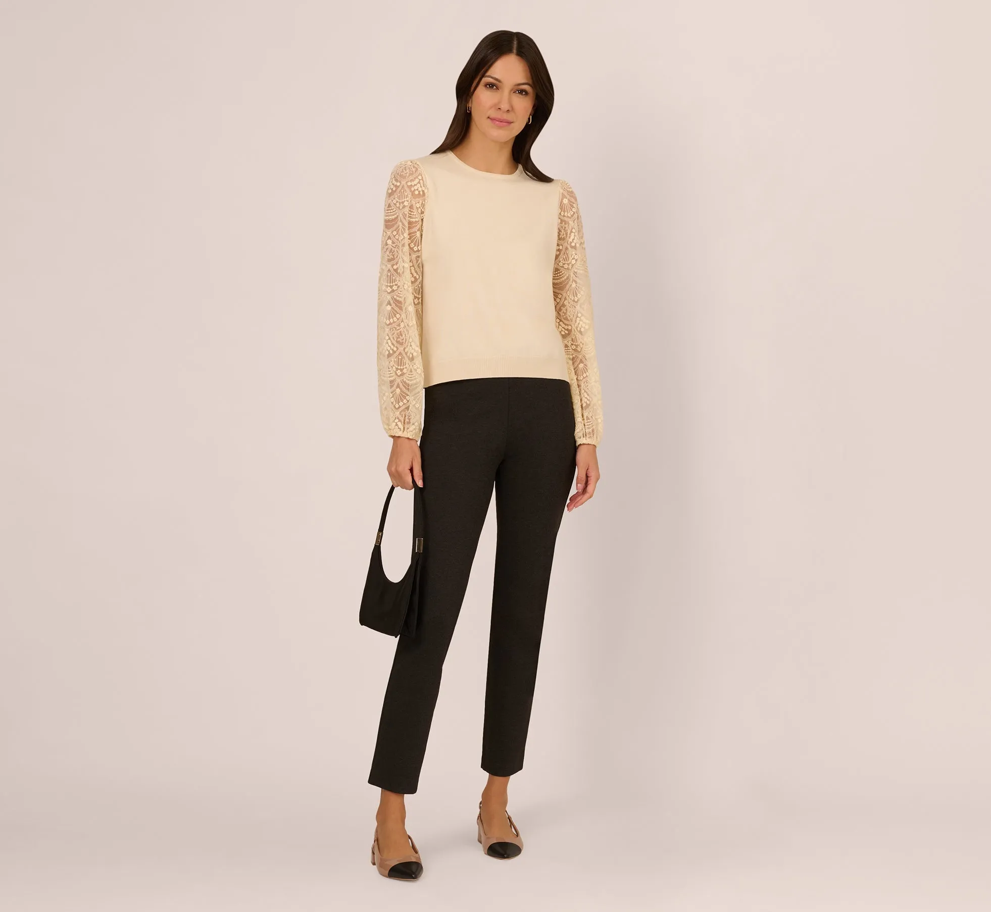 Lace Sleeve Crew Neck Sweater In Cream sold by Adrianna Papell product image thumbnail 3