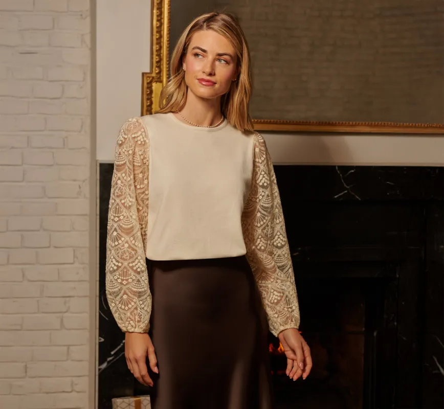 Lace Sleeve Crew Neck Sweater In Cream sold by Adrianna Papell