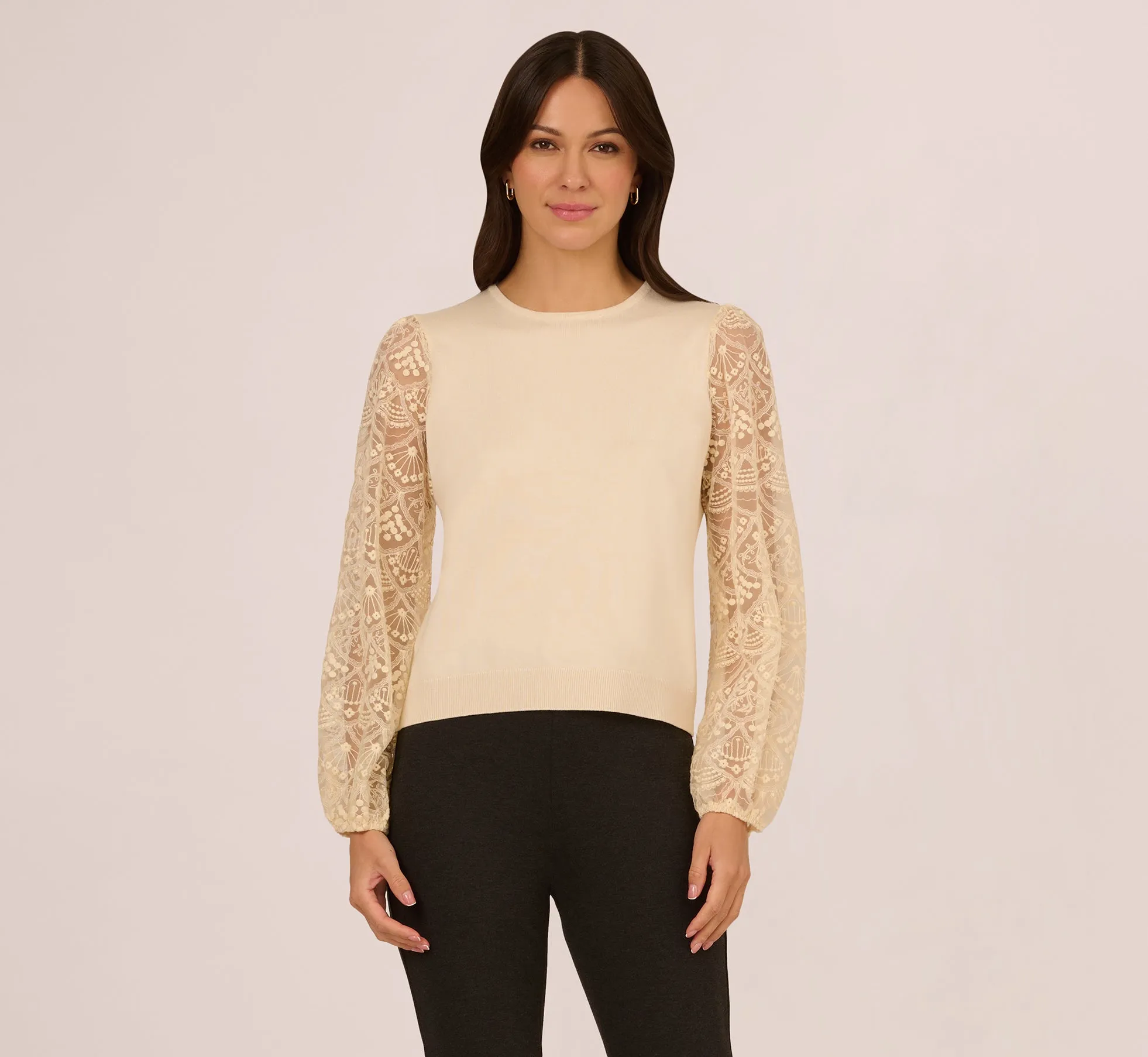 Lace Sleeve Crew Neck Sweater In Cream sold by Adrianna Papell product image thumbnail 2
