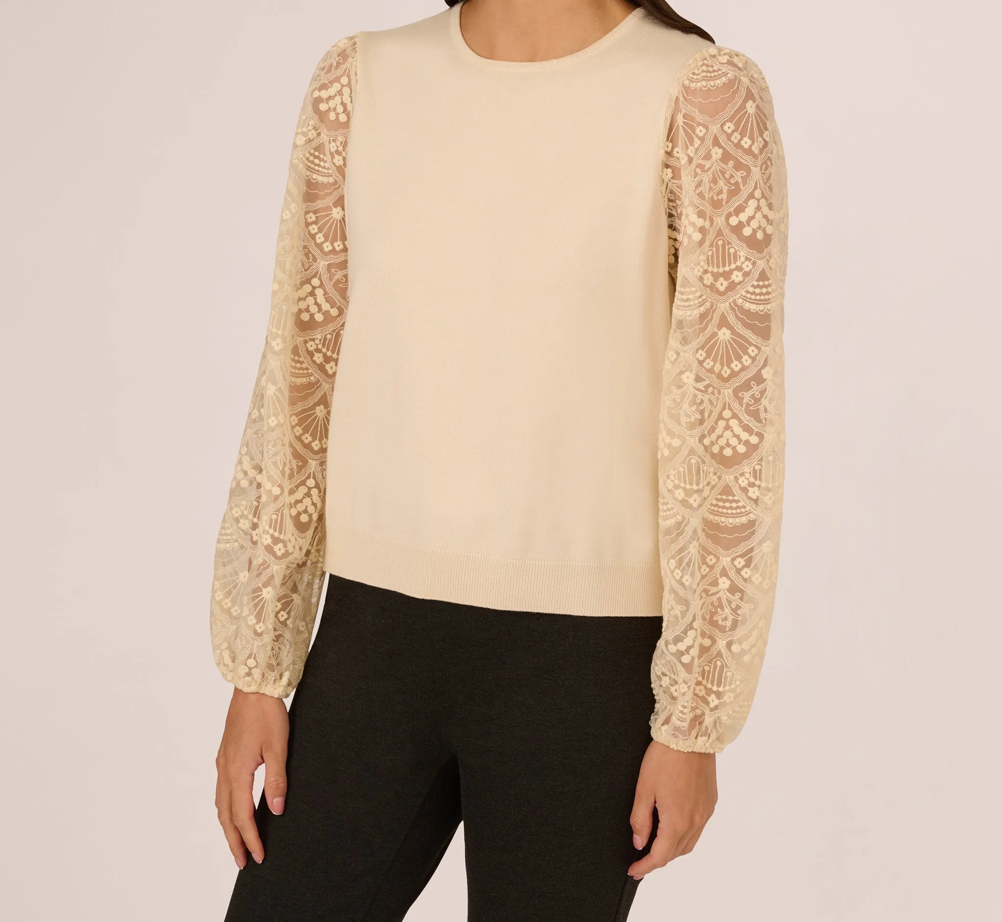 Lace Sleeve Crew Neck Sweater In Cream sold by Adrianna Papell product image thumbnail 4