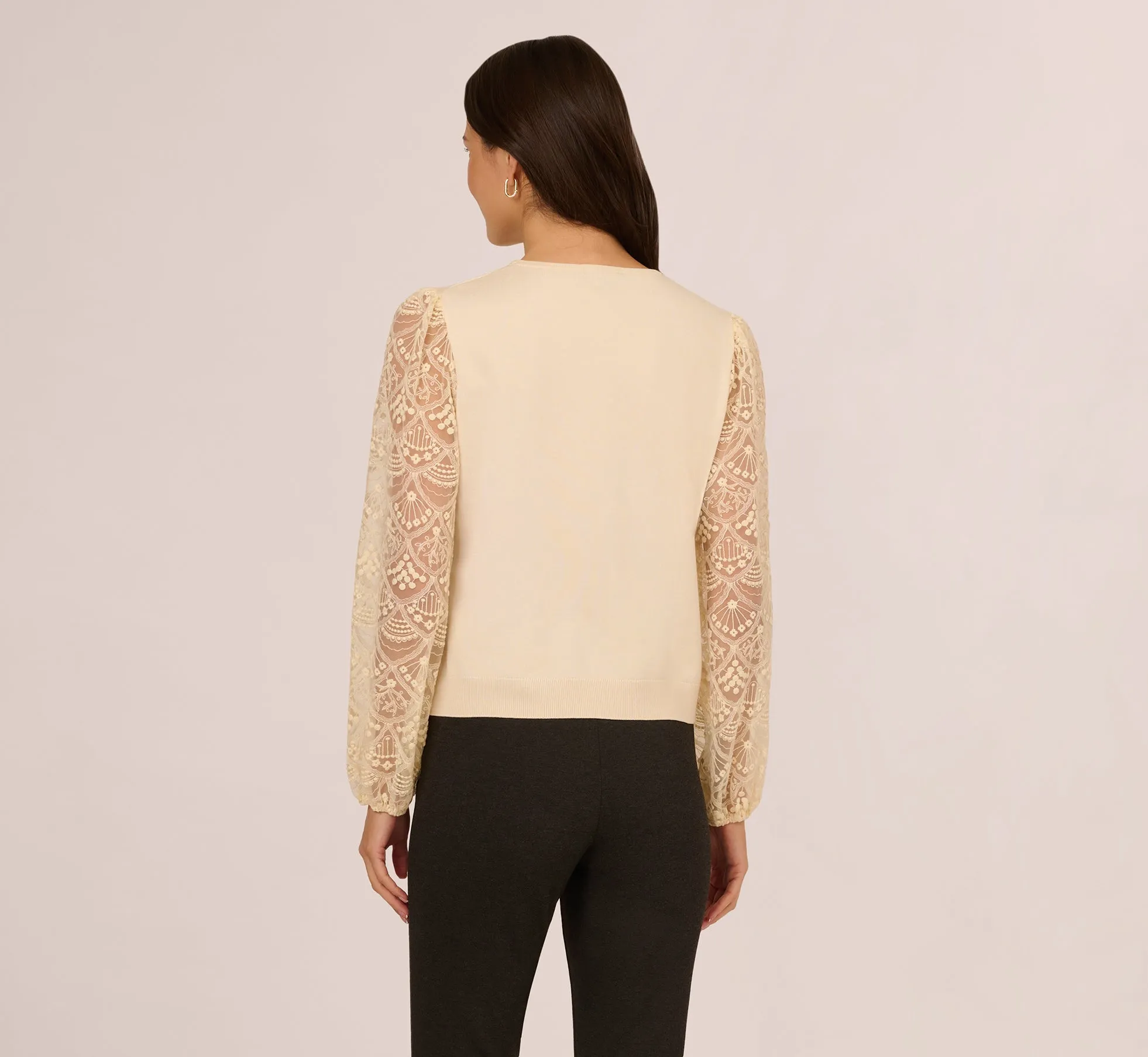 Lace Sleeve Crew Neck Sweater In Cream sold by Adrianna Papell product image thumbnail 5