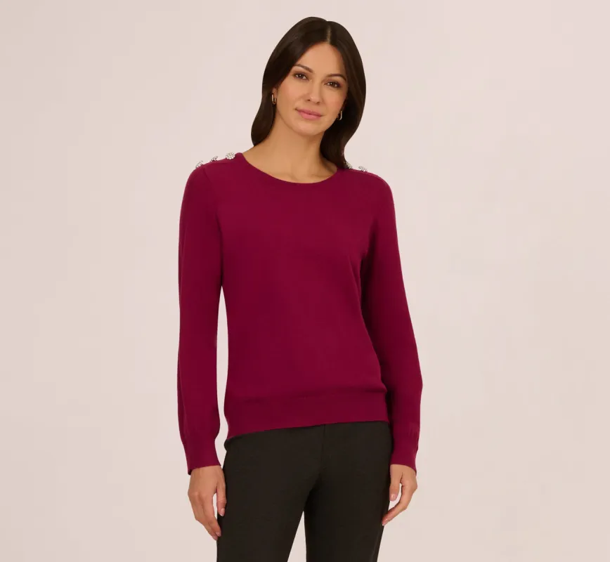 Ribbed Detail Embellished Pullover Sweater In Wine Berry sold by Adrianna Papell