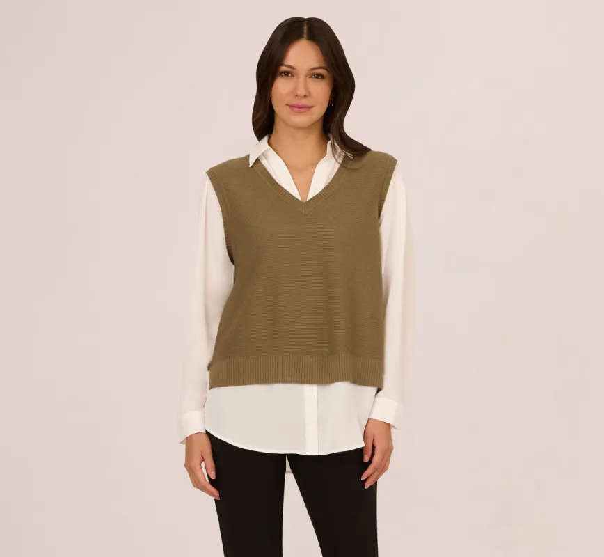 Sweater Vest Collared Twofer Shirt In Smokey Olive Ivory sold by Adrianna Papell