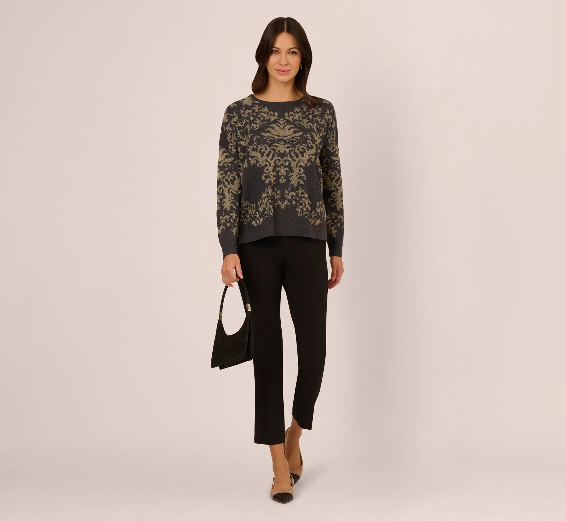 Drop Shoulder Metallic Knit Sweater In Slate Grey Gold sold by Adrianna Papell product image thumbnail 3