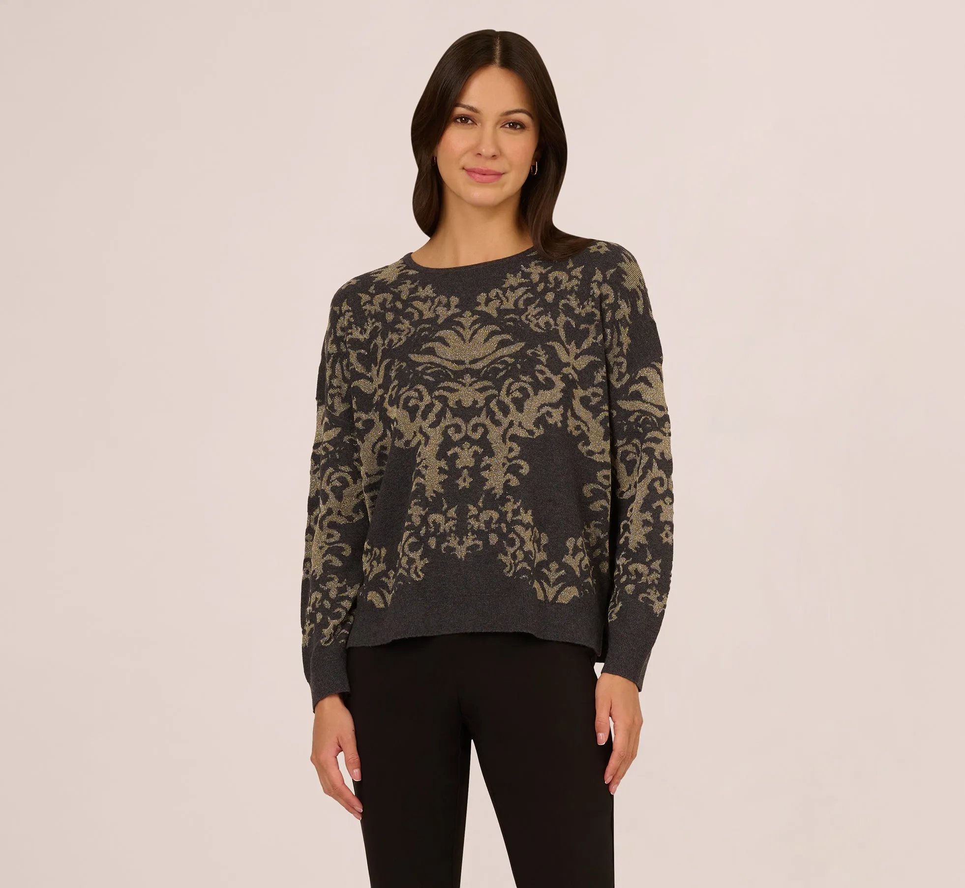 Drop Shoulder Metallic Knit Sweater In Slate Grey Gold sold by Adrianna Papell product image thumbnail 2