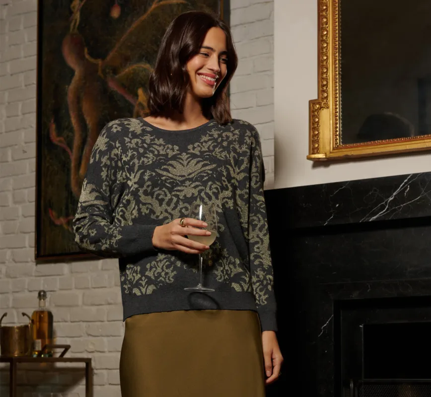 Drop Shoulder Metallic Knit Sweater In Slate Grey Gold sold by Adrianna Papell