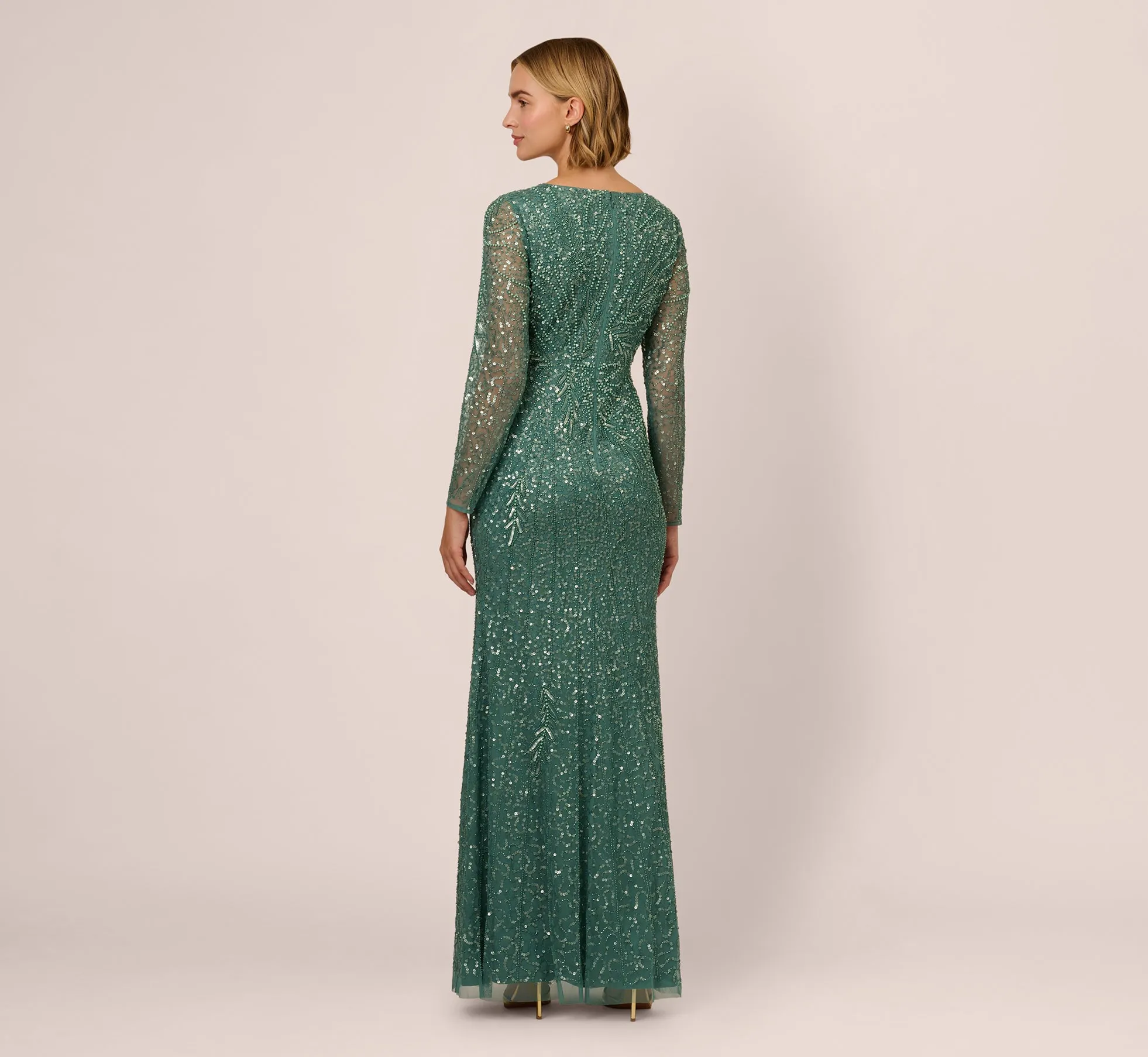 Long Sleeve Beaded Full Length Dress In Green Slate sold by Adrianna Papell product image thumbnail 4