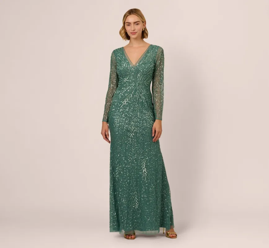 Long Sleeve Beaded Full Length Dress In Green Slate sold by Adrianna Papell