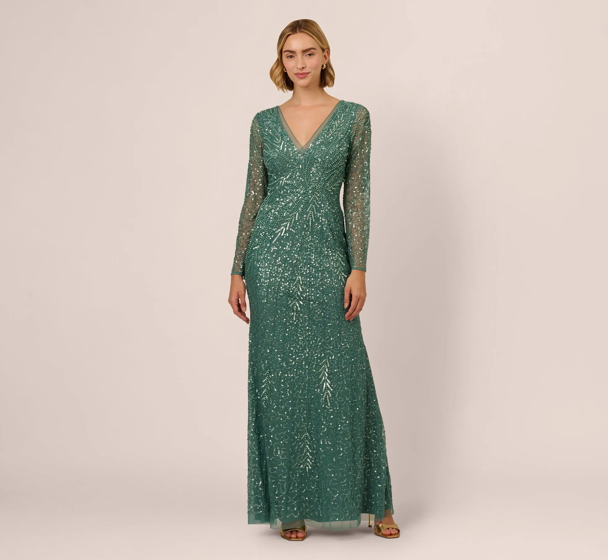 Long Sleeve Beaded Full Length Dress In Green Slate sold by Adrianna Papell