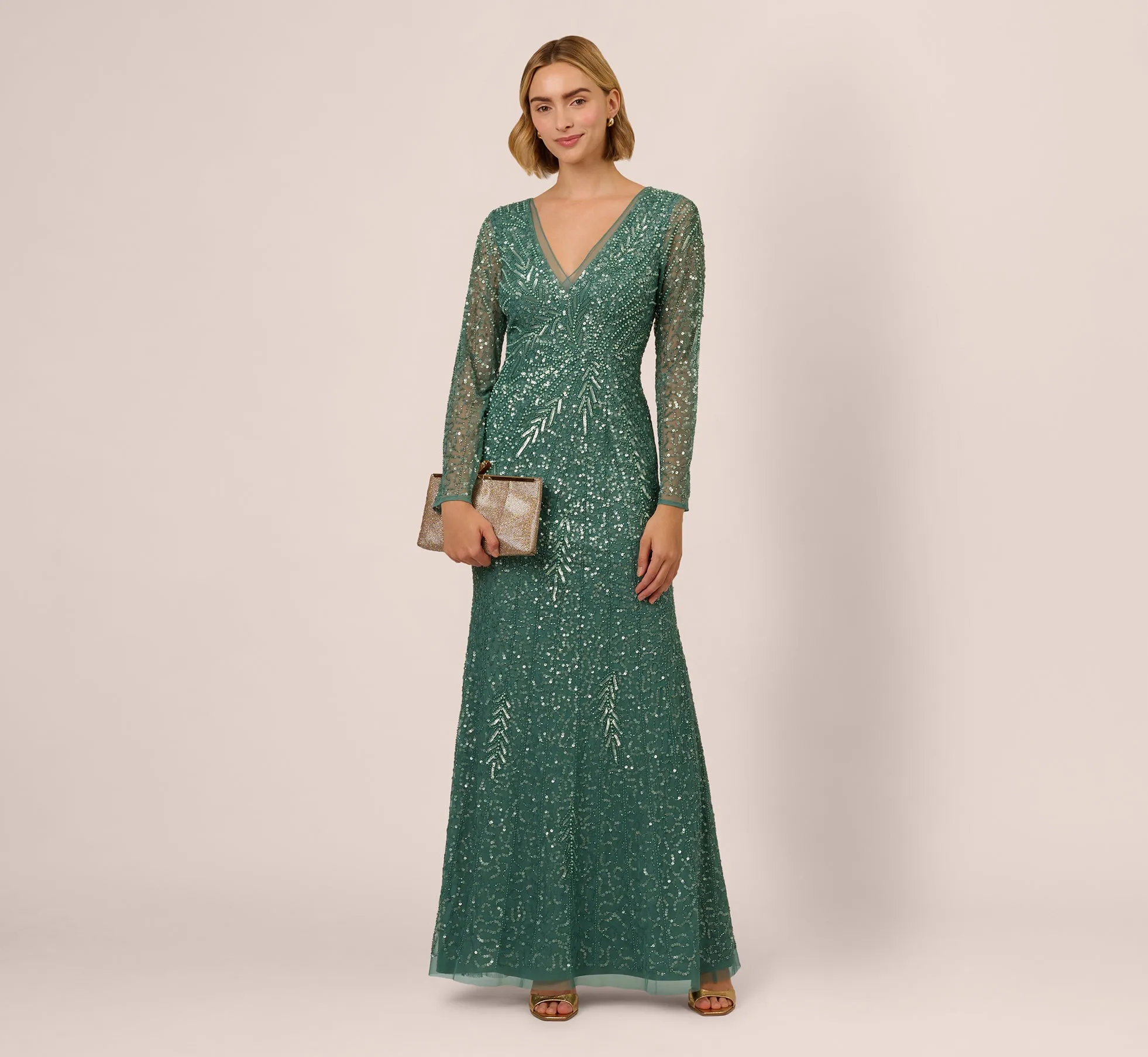 Long Sleeve Beaded Full Length Dress In Green Slate sold by Adrianna Papell product image thumbnail 2