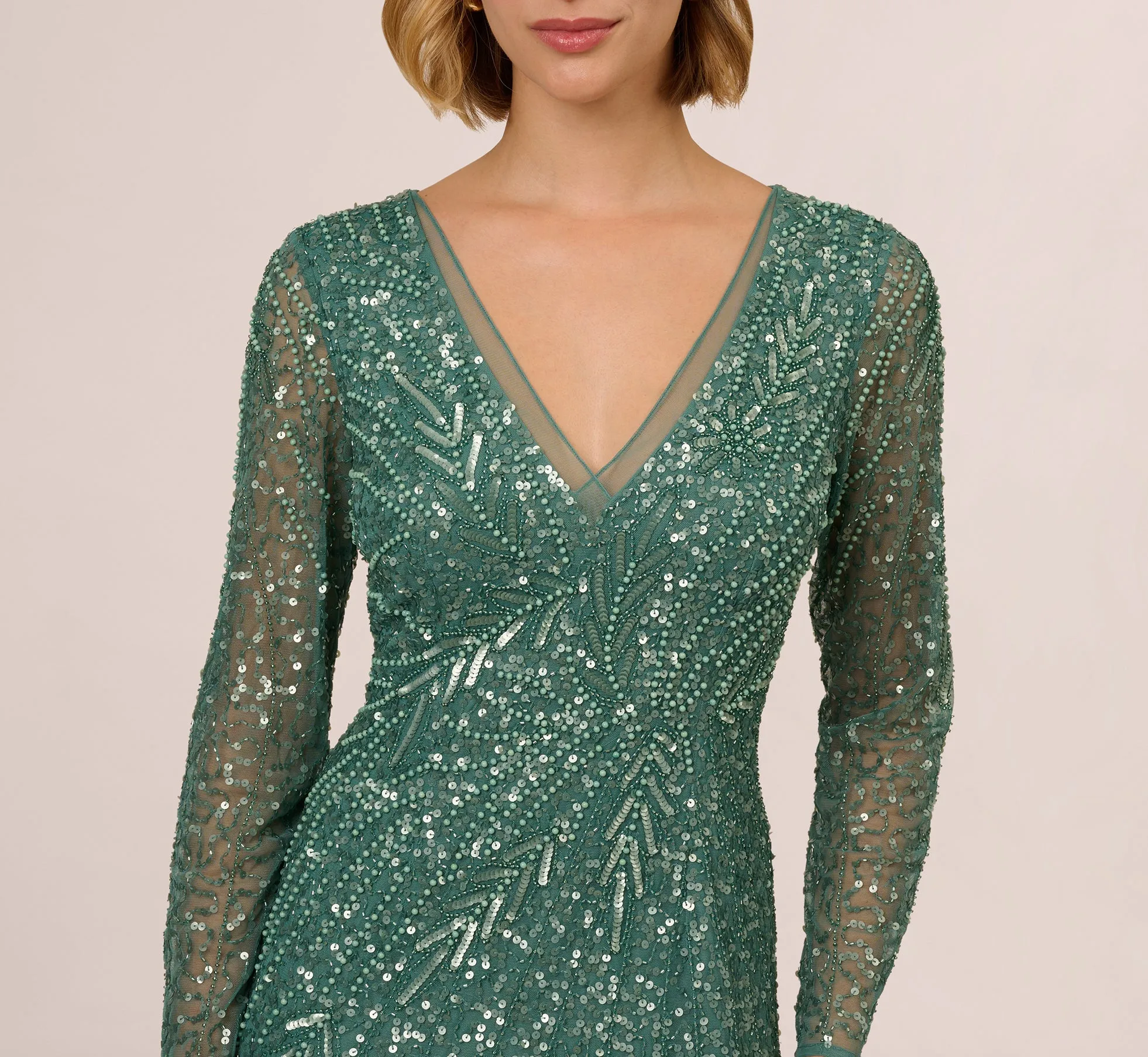 Long Sleeve Beaded Full Length Dress In Green Slate sold by Adrianna Papell product image thumbnail 3