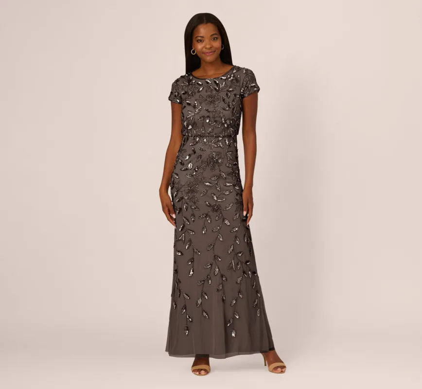 Blouson Short Sleeve Beaded Long Dress In Lead sold by Adrianna Papell