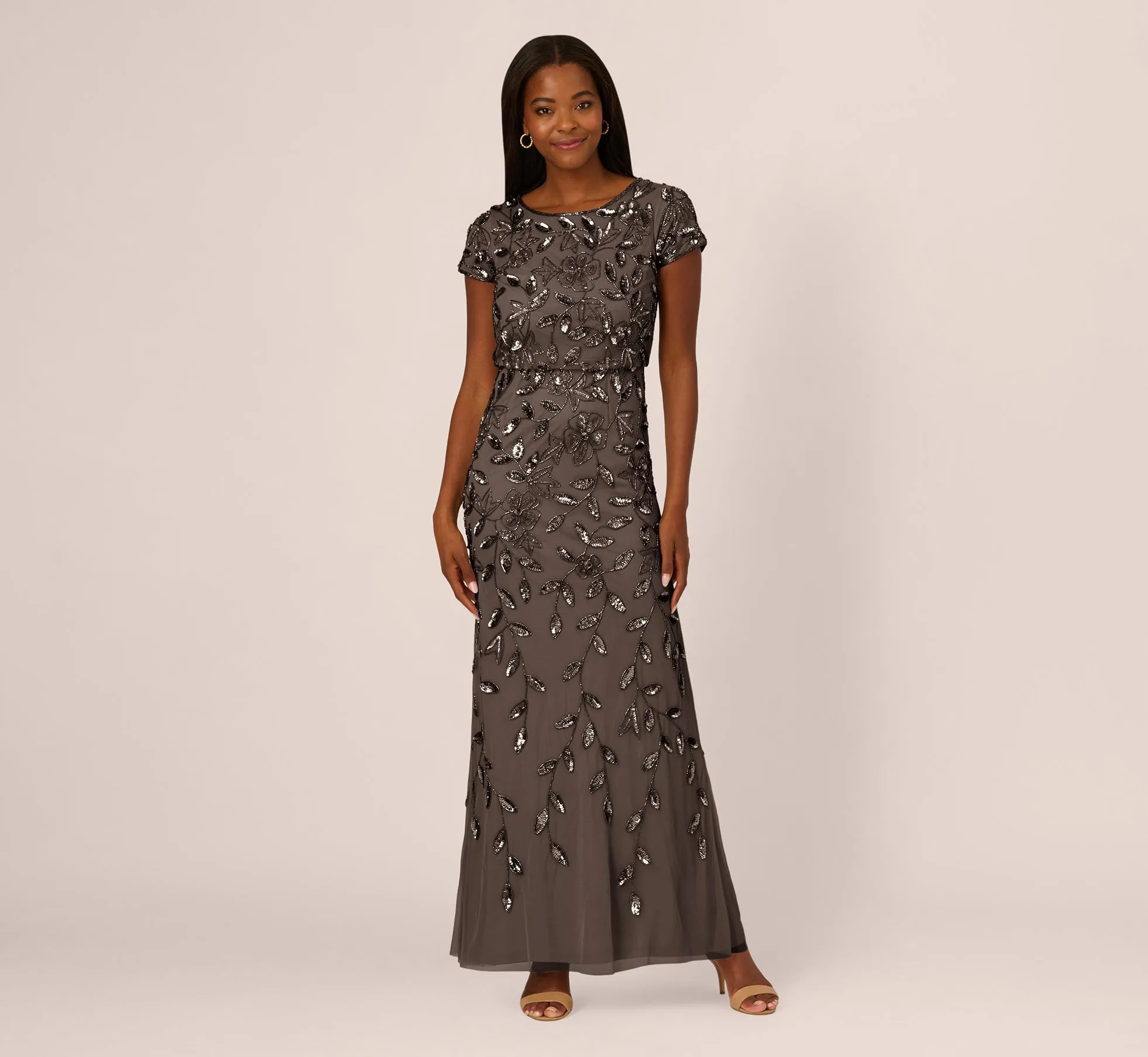 Blouson Short Sleeve Beaded Long Dress In Lead sold by Adrianna Papell