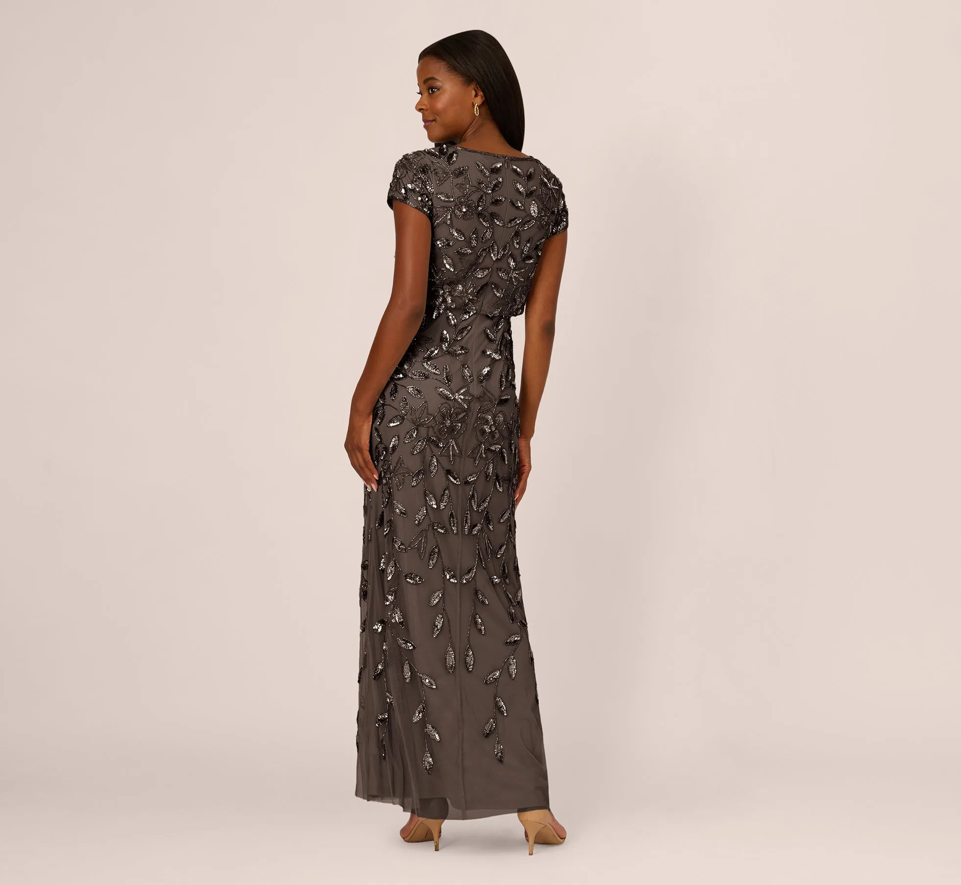 Blouson Short Sleeve Beaded Long Dress In Lead sold by Adrianna Papell product image thumbnail 4