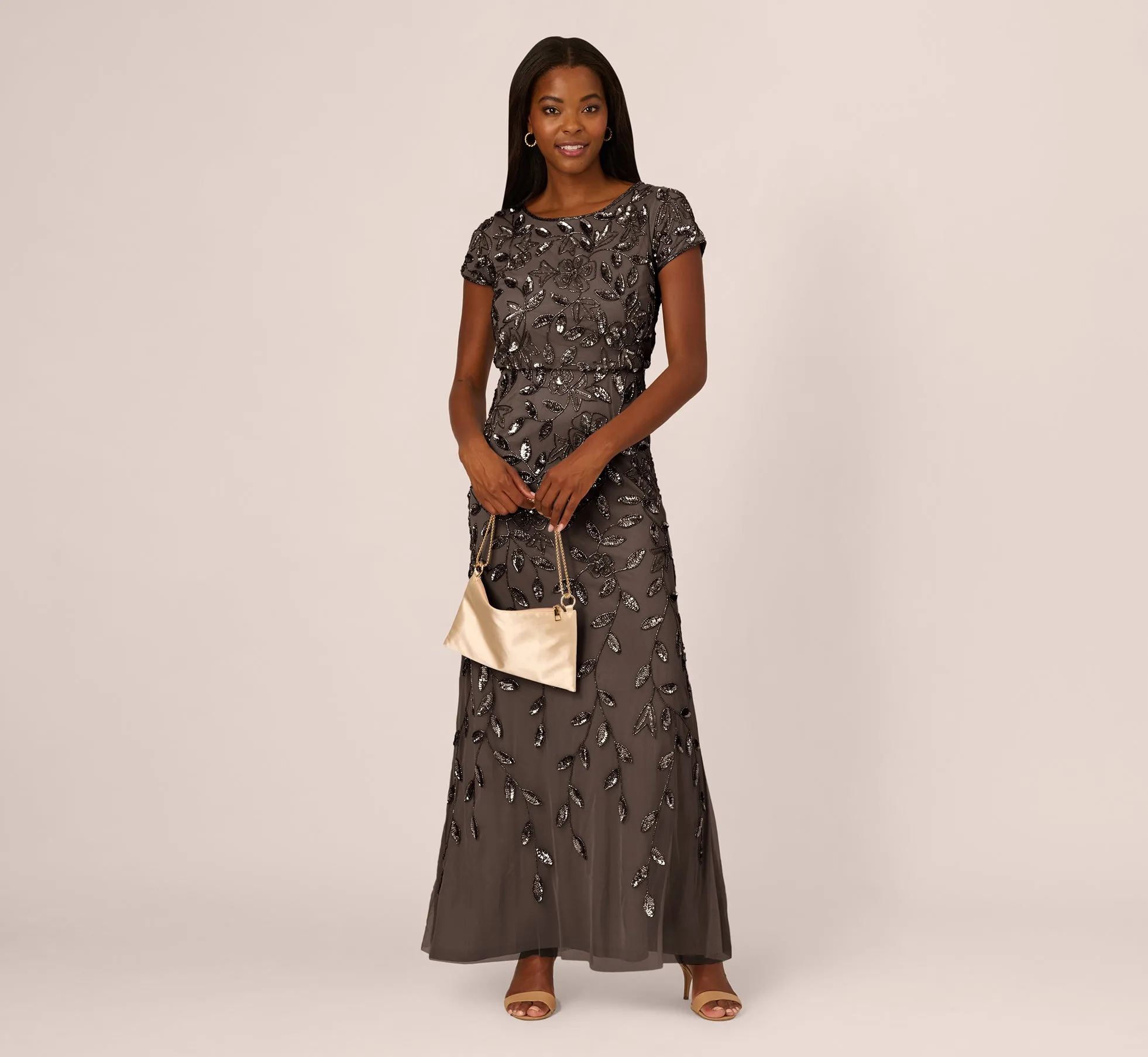 Blouson Short Sleeve Beaded Long Dress In Lead sold by Adrianna Papell product image thumbnail 2