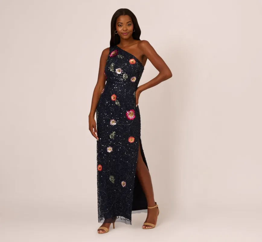 One Shoulder Floral Bead Dress In Navy Multi sold by Adrianna Papell