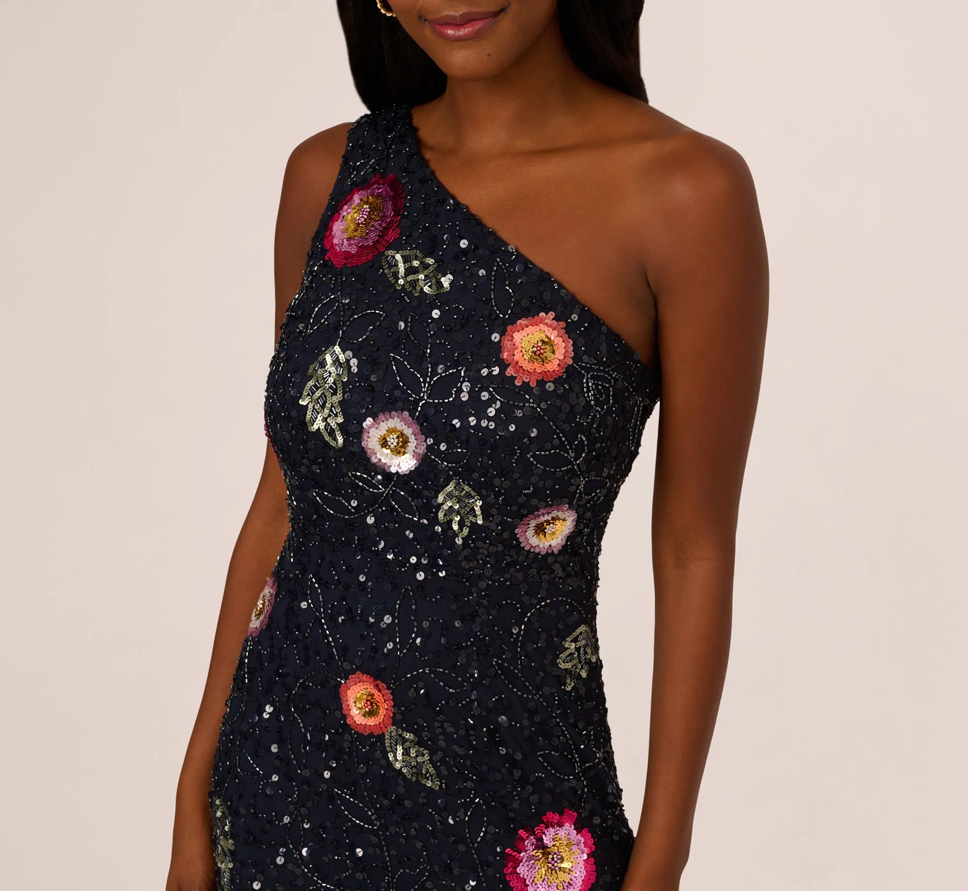 One Shoulder Floral Bead Dress In Navy Multi sold by Adrianna Papell product image thumbnail 4