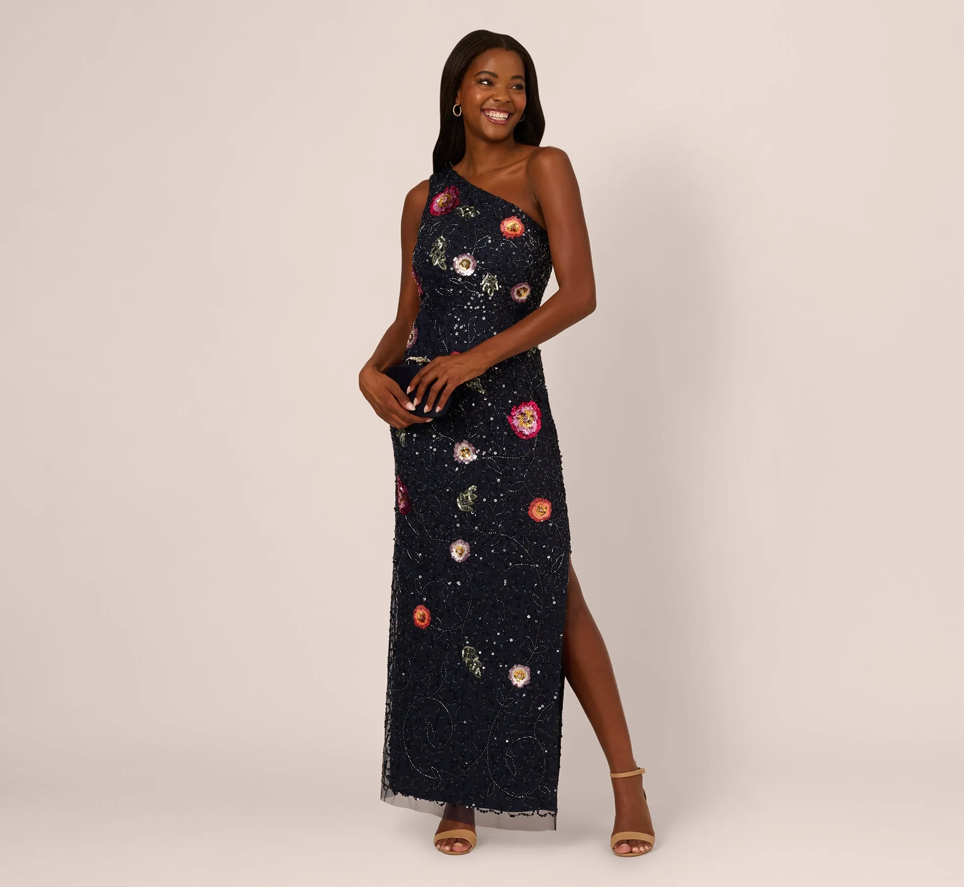 One Shoulder Floral Bead Dress In Navy Multi sold by Adrianna Papell product image thumbnail 2