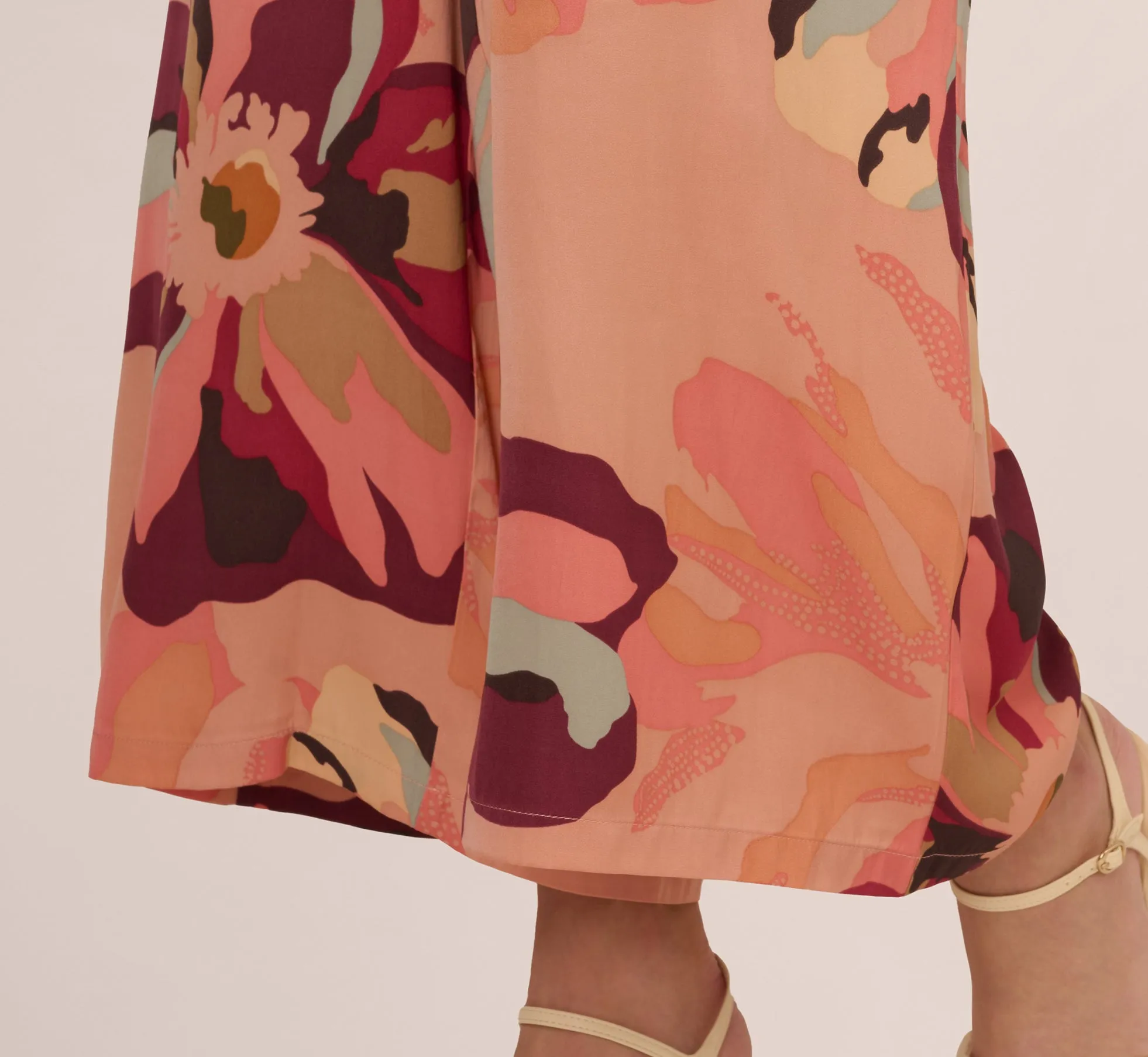 Tropical Floral Print Wide Leg Pants With Drawstring Waist In Deepburgundylargesunsetfloral sold by Adrianna Papell product image thumbnail 3