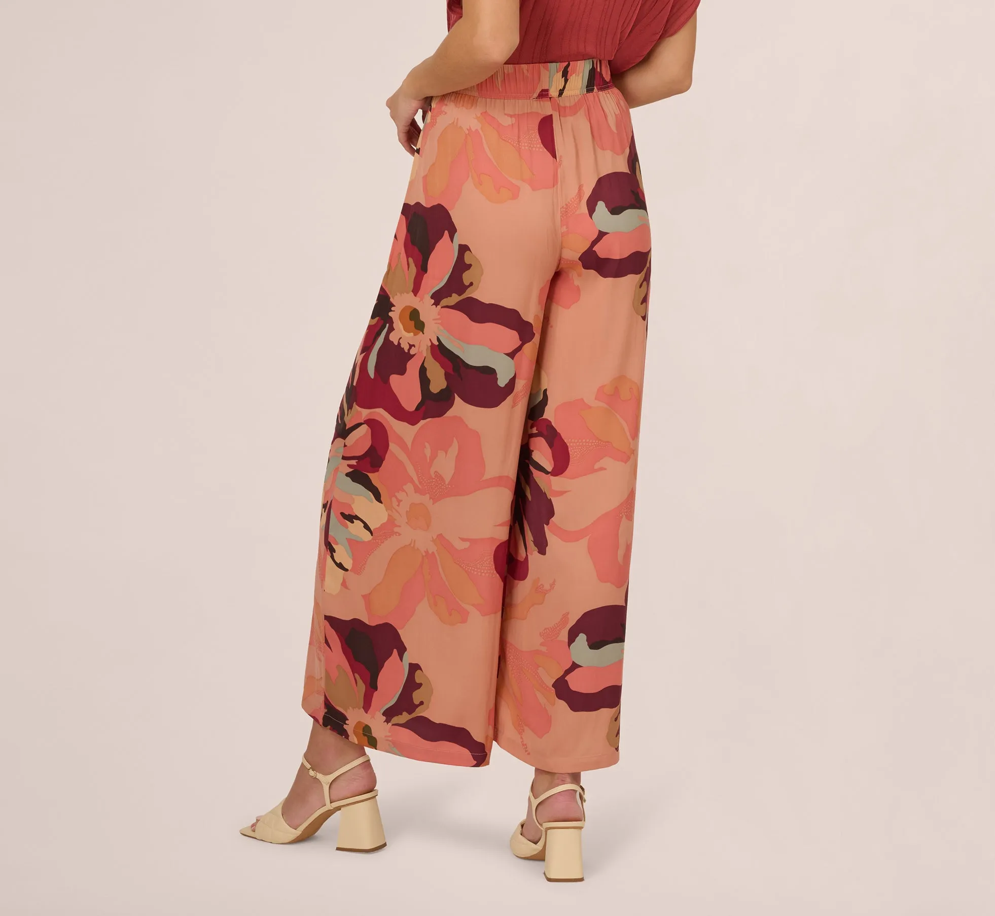 Tropical Floral Print Wide Leg Pants With Drawstring Waist In Deepburgundylargesunsetfloral sold by Adrianna Papell product image thumbnail 4