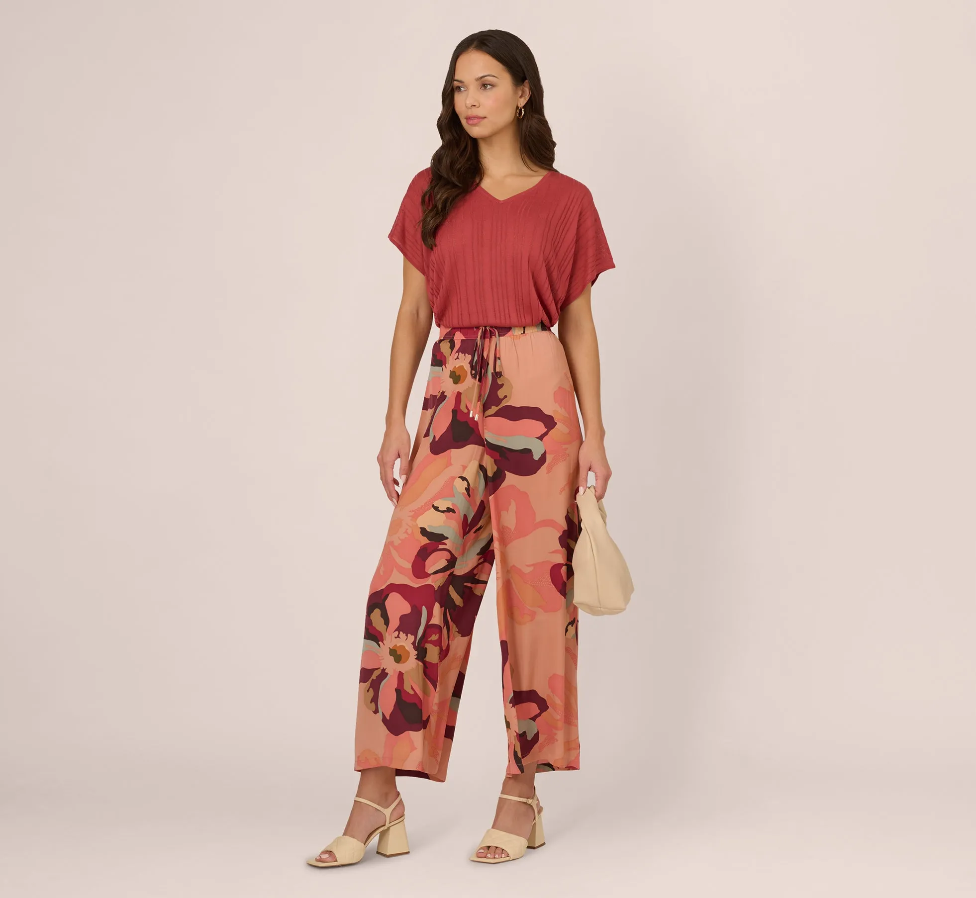 Tropical Floral Print Wide Leg Pants With Drawstring Waist In Deepburgundylargesunsetfloral sold by Adrianna Papell product image thumbnail 2
