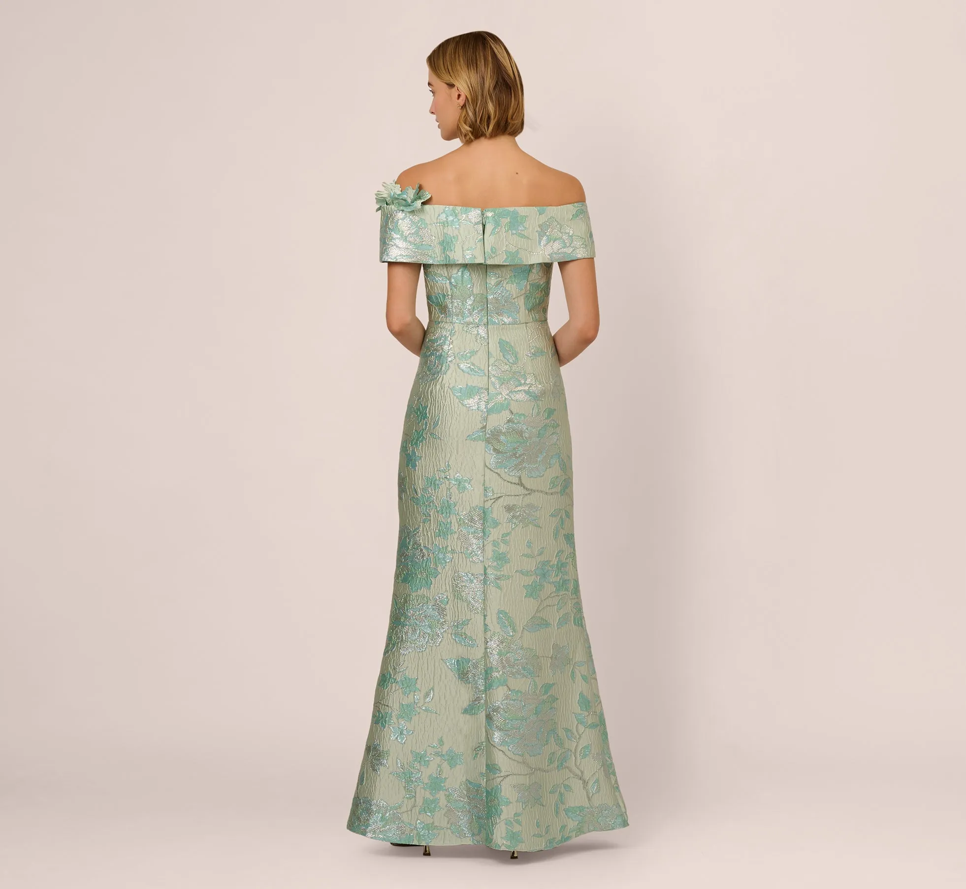 Off Shoulder Floral Jacquard Mermaid Gown In Icy Sage sold by Adrianna Papell product image thumbnail 4