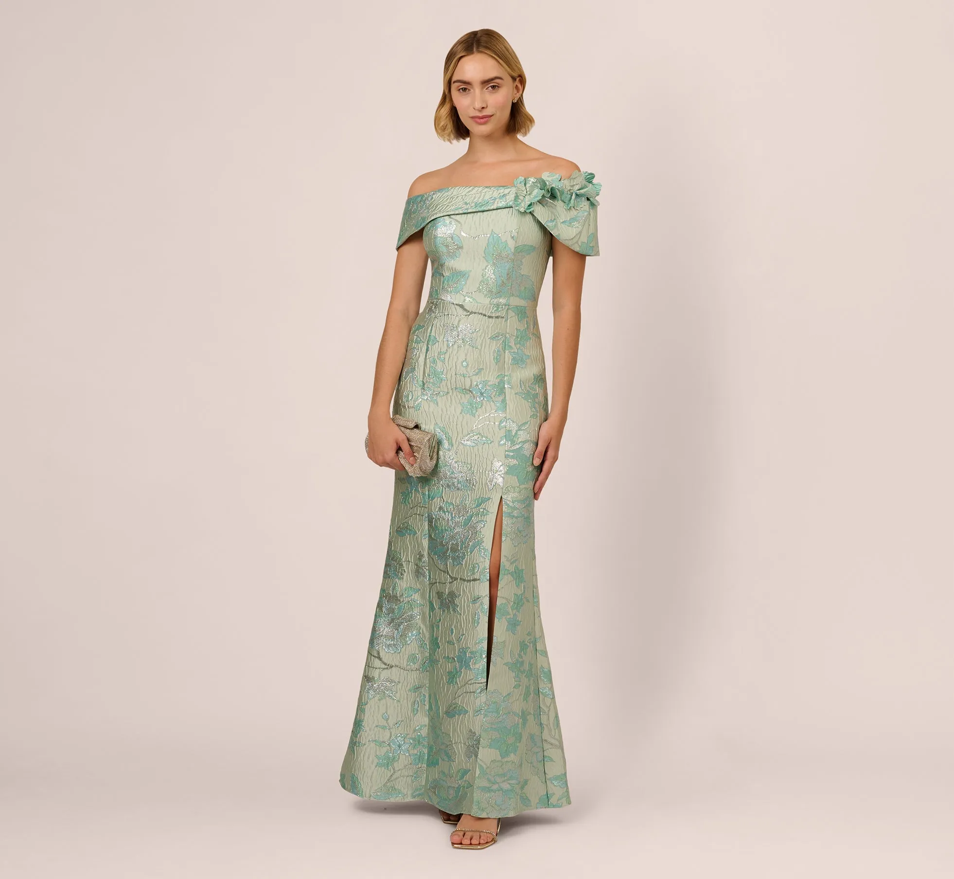Off Shoulder Floral Jacquard Mermaid Gown In Icy Sage sold by Adrianna Papell product image thumbnail 2