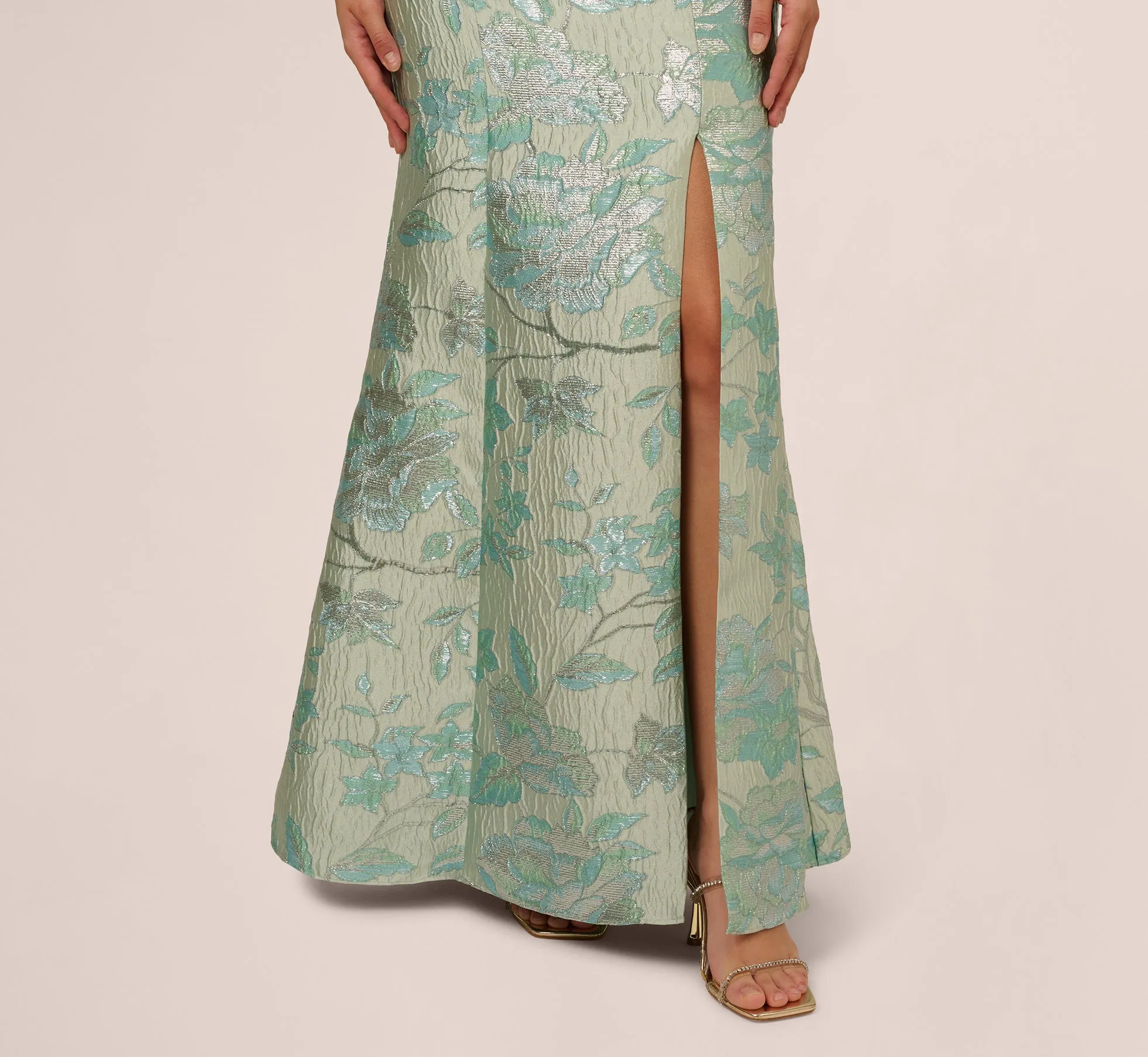 Off Shoulder Floral Jacquard Mermaid Gown In Icy Sage sold by Adrianna Papell product image thumbnail 5