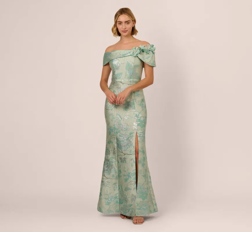 Off Shoulder Floral Jacquard Mermaid Gown In Icy Sage sold by Adrianna Papell