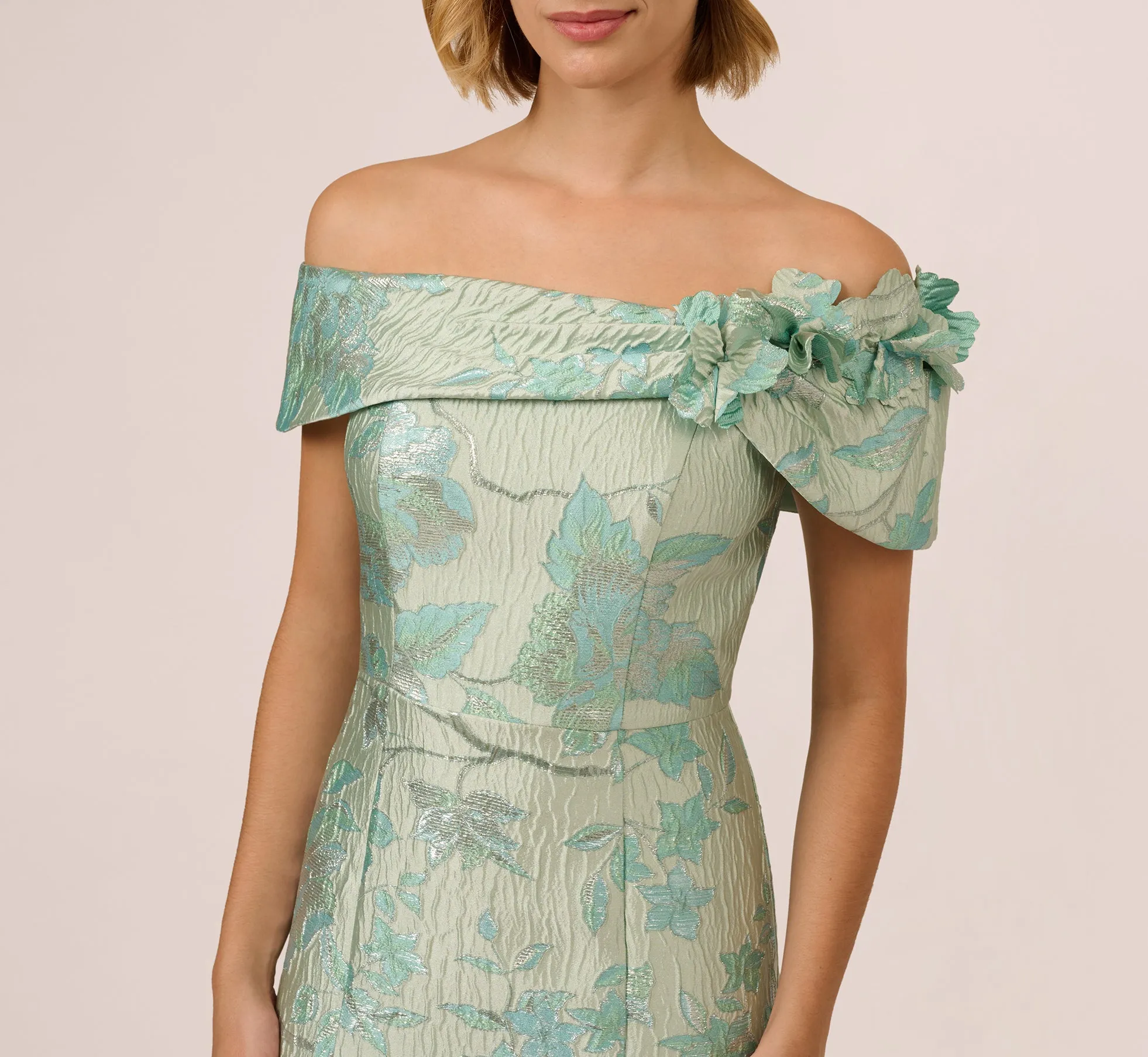 Off Shoulder Floral Jacquard Mermaid Gown In Icy Sage sold by Adrianna Papell product image thumbnail 3
