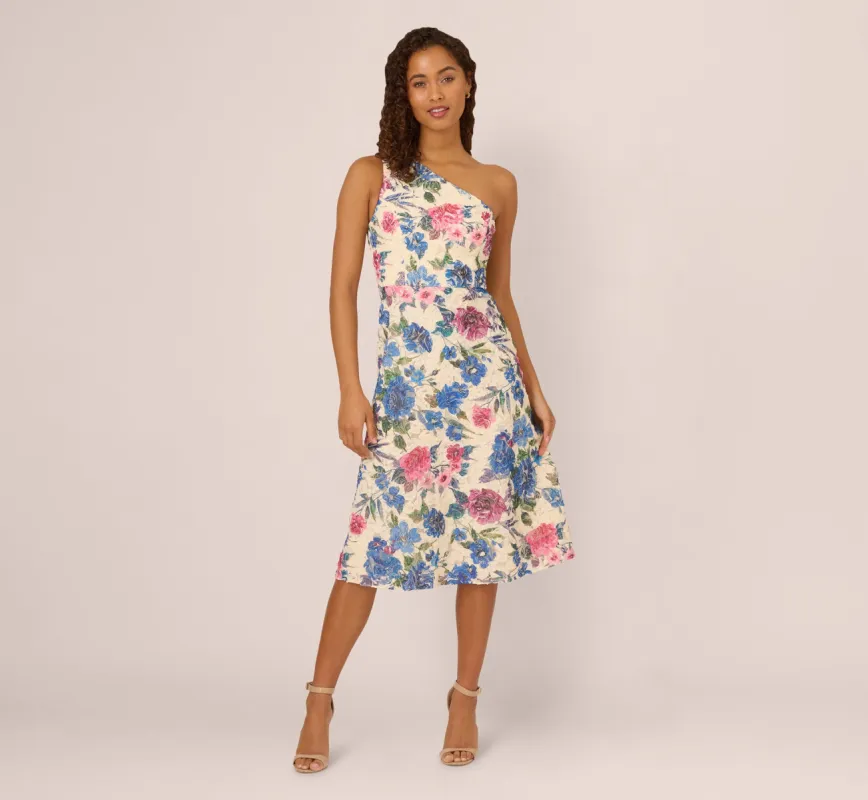 One Shoulder Floral Soutache Midi Dress In Alabaster Multi made by Adrianna Papell