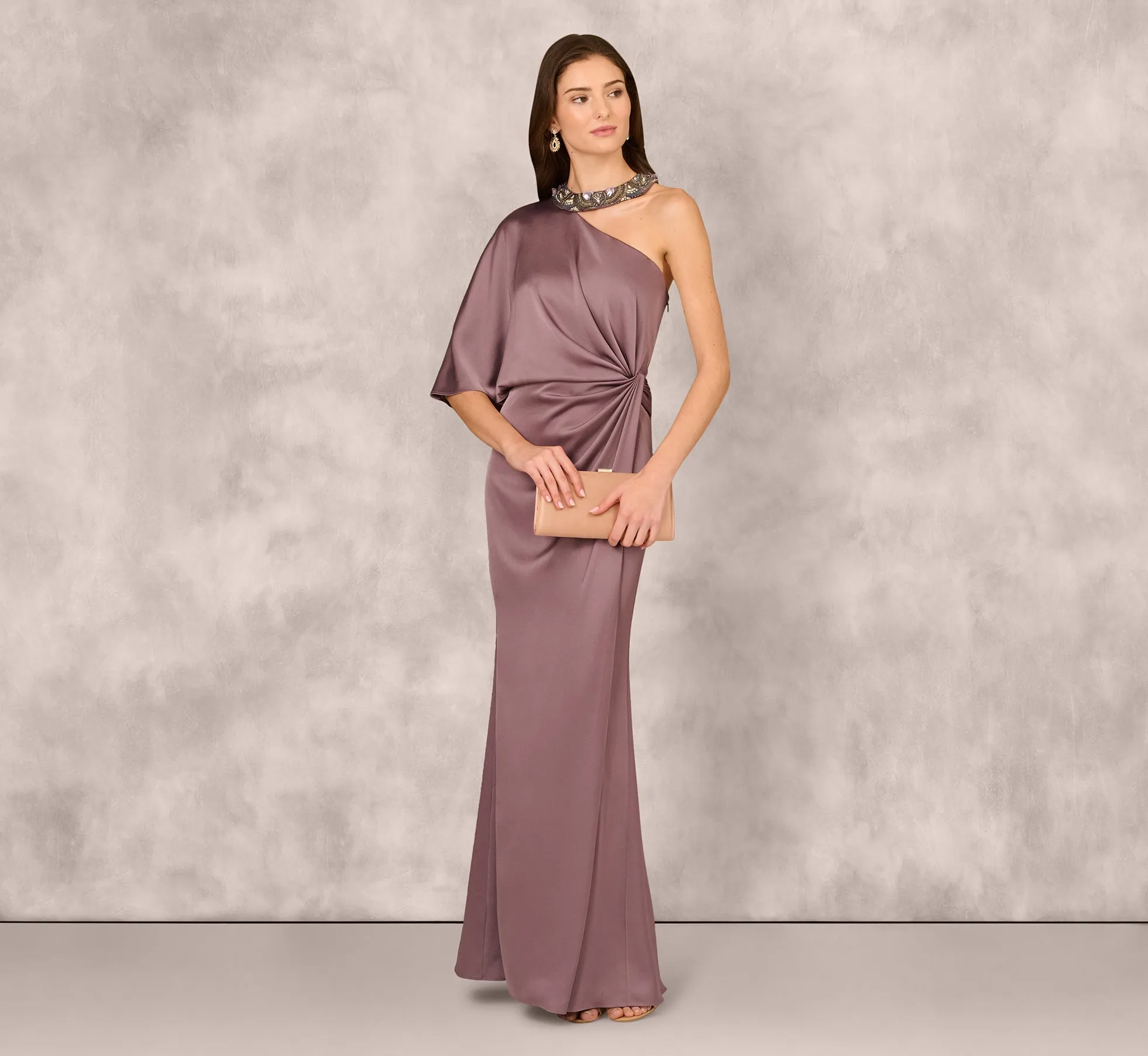 Crepe Back Satin One Shoulder Long Dress In Moonstone sold by Adrianna Papell product image thumbnail 2