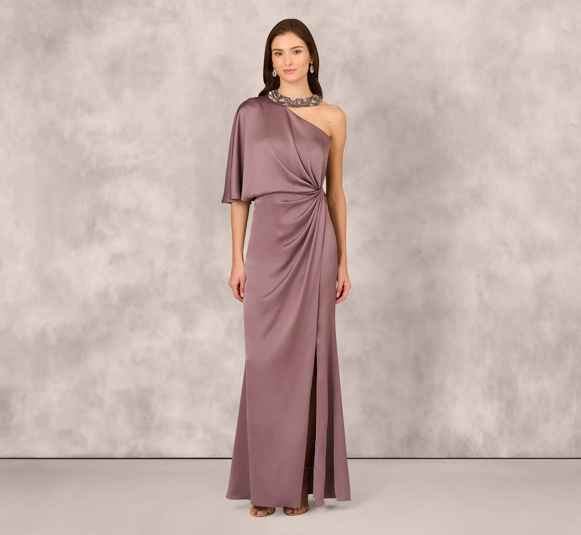 Crepe Back Satin One Shoulder Long Dress In Moonstone sold by Adrianna Papell