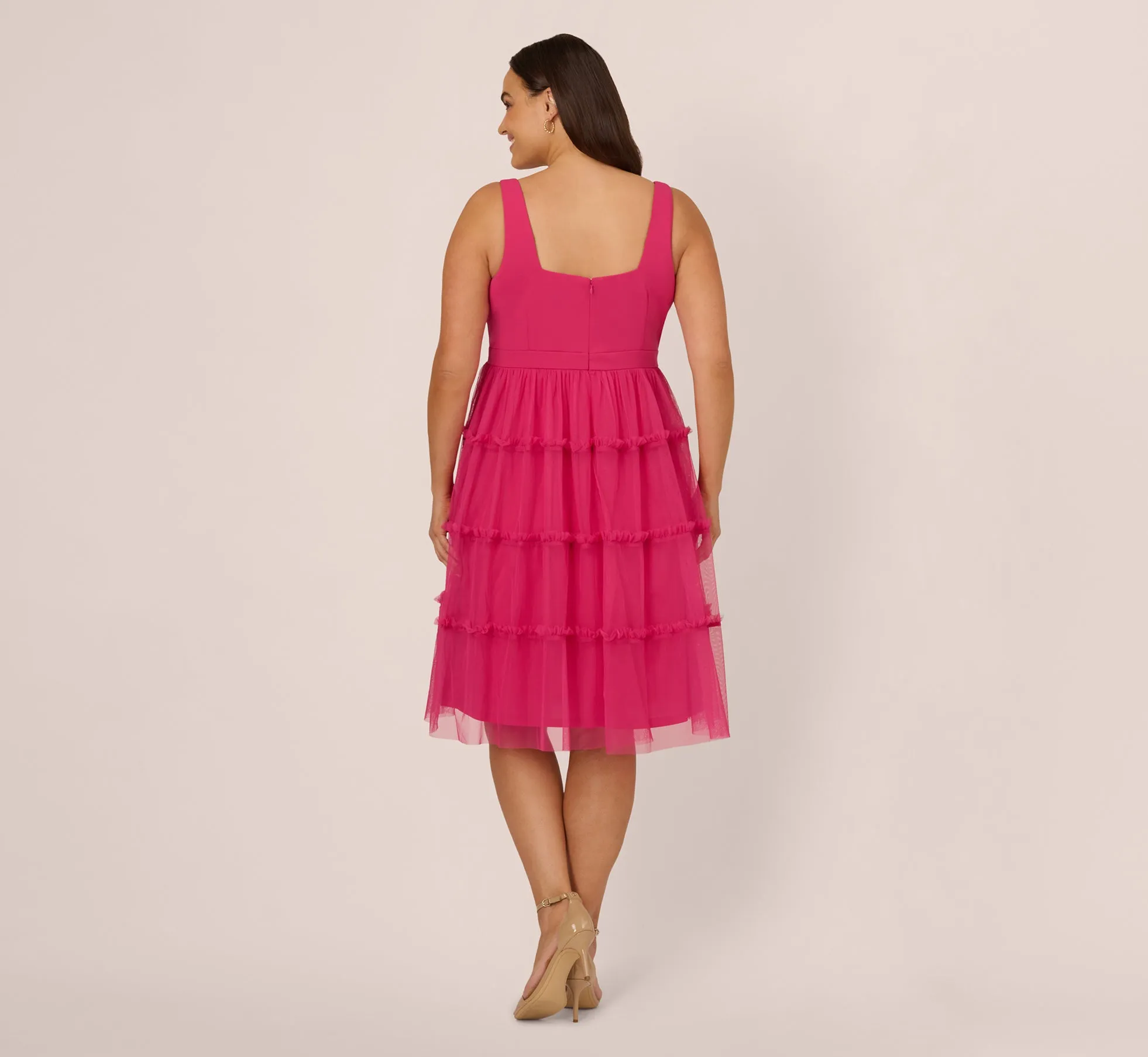 Plus Size Sleeveless Midi Dress With Square Neck And Tiered Skirt In Bright Rose sold by Adrianna Papell product image thumbnail 4