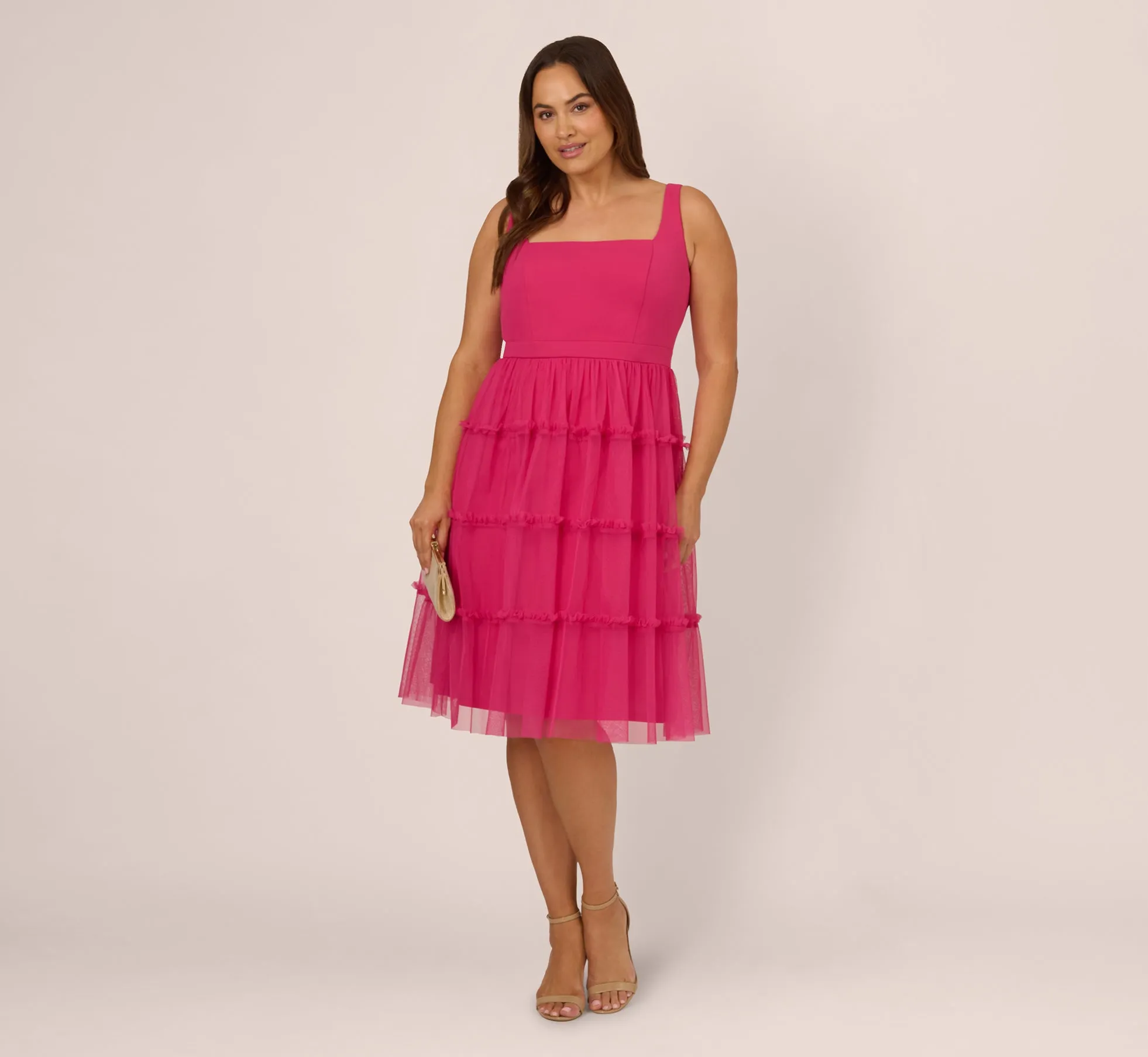 Plus Size Sleeveless Midi Dress With Square Neck And Tiered Skirt In Bright Rose sold by Adrianna Papell product image thumbnail 2