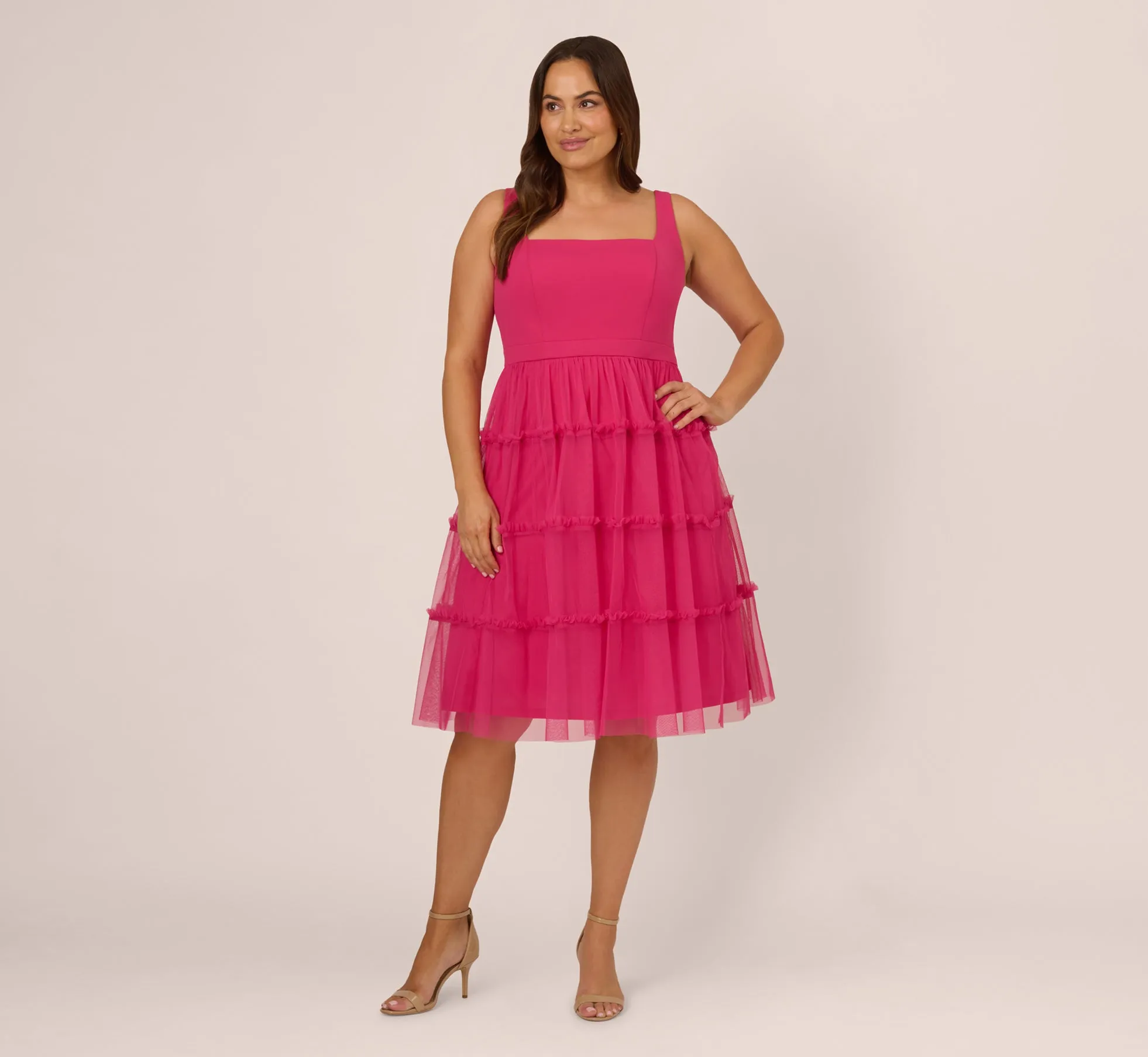 Plus Size Sleeveless Midi Dress With Square Neck And Tiered Skirt In Bright Rose sold by Adrianna Papell