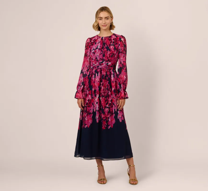 Floral Wrap Waist Ankle Dress In Navy Pink Multi sold by Adrianna Papell
