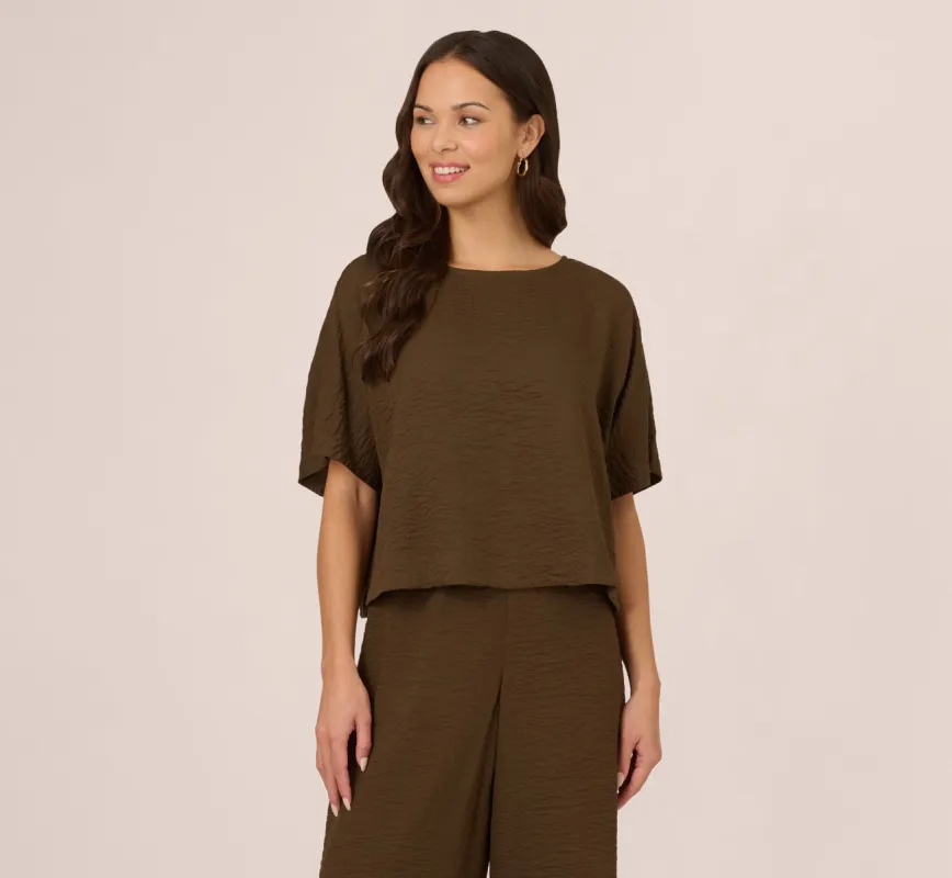 Kimono Sleeve Crinkle Boxy Crop Top In Chocolate Walnut sold by Adrianna Papell